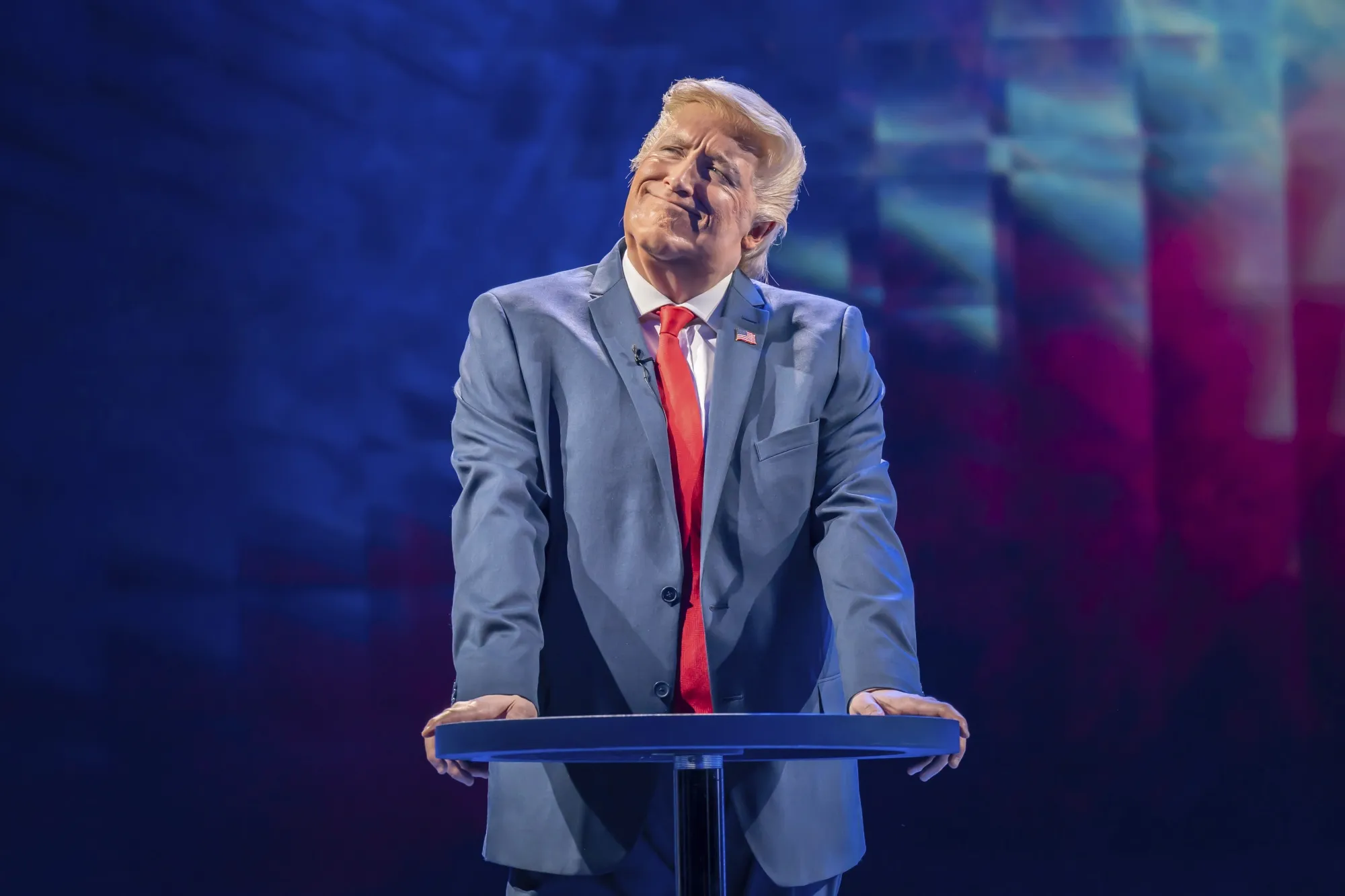 Bertie Carvel plays Donald Trump in The 47th, at The Old Vic theater, in London on April 6, 2022. Mike Bartlett’s play “The 47th” is an audaciously Shakespearean take on recent and future U.S. politics that is running at London's Old Vic. The title refers to the next president of the United States, who will be the 47th holder of that office, and depicts a high-stakes 2024 election battle. “Actor Bertie Carvel, who plays Trump, says he loves the “daring and the audacity” of the play, with its Shakespearean echoes.  (Marc Brenner via AP)