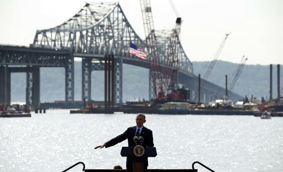 President Barack Obama talks about infrastructure spending during a visit to the Tappan Zee Bridge in Tarrytown, New York, in May.