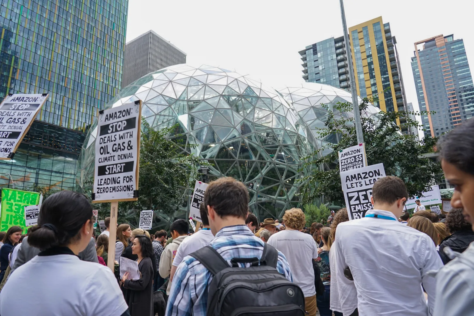 Employees gather outside the Amazon&nbsp;headquarters during the Global Climate Strike in Seattle, Washington&nbsp;on&nbsp;Sept. 20, 2019.