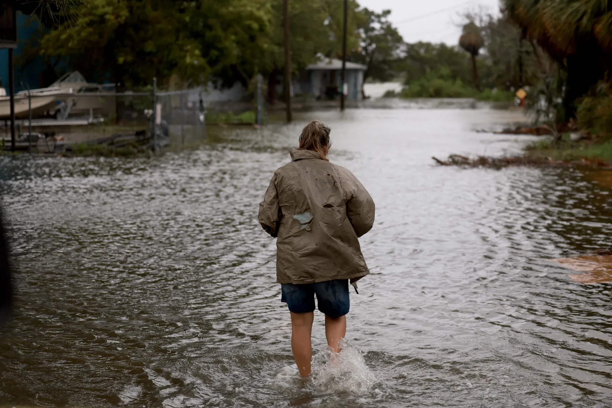 A flooded street in Cedar Key, Florida, as Hurricane Debby comes ashore on August 05, 2024.&nbsp;
