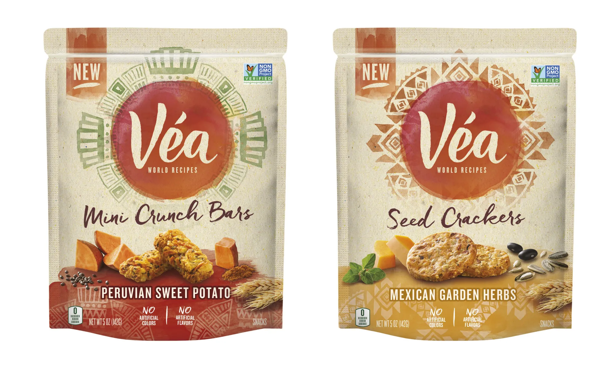 Vea Peruvian sweet potato mini crunch bars and Mexican garden herb seed crackers.
