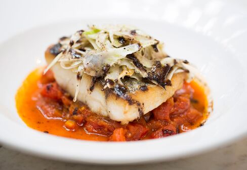 Roasted stone bass comes in a tomato and fennel stew.
