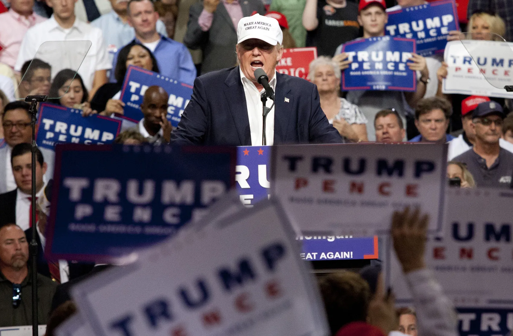 Donald Trump, 2016 Republican presidential nominee speaks during a campaign event in Lansing, Michigan, U.S., on Friday, Aug. 19, 2016.
