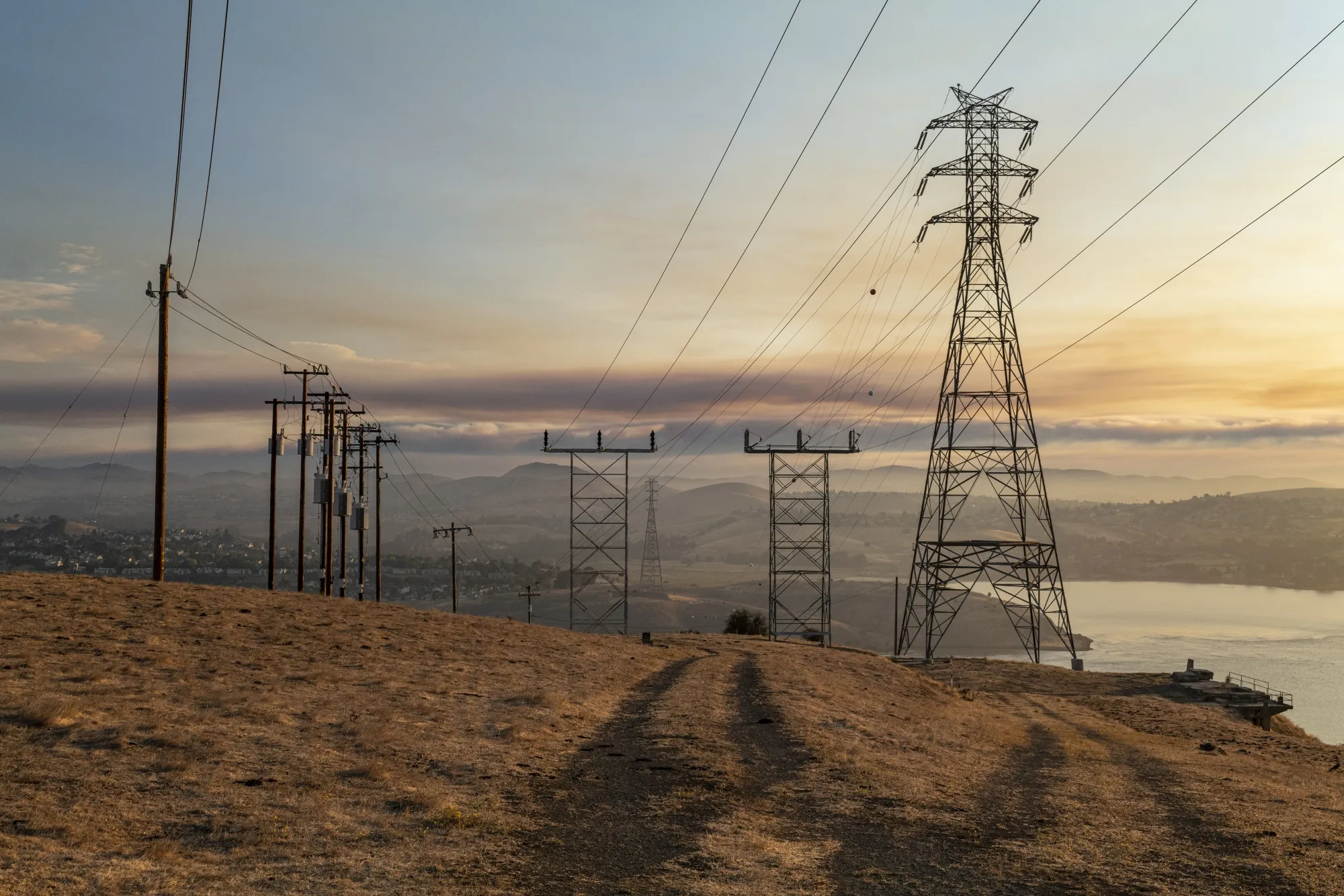 Power lines and transmission towers in Crockett, California, on Aug. 19.