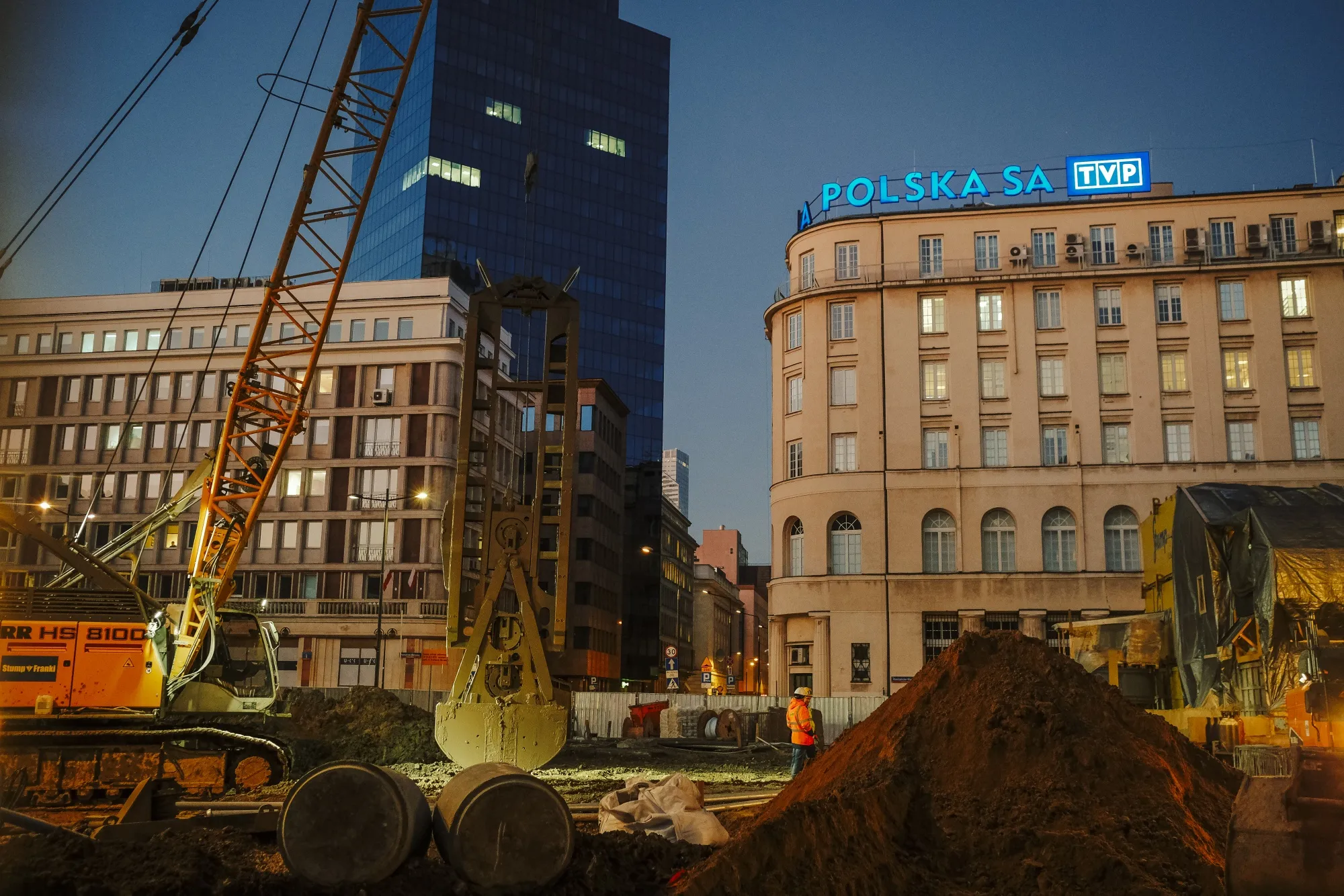 A construction site&nbsp;outside the Telewizja Polska SA offices&nbsp;in central Warsaw, Poland.