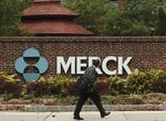 RAHWAY, NJ - NOVEMBER 29: Unidentified person walks by the Merck sign at the entrance of the Merck Plant in Rahway. US pharmaceutical giant Merck announced plans to cut some 7,000 jobs, or 11 percent of its global workforce, by the end of 2008.

