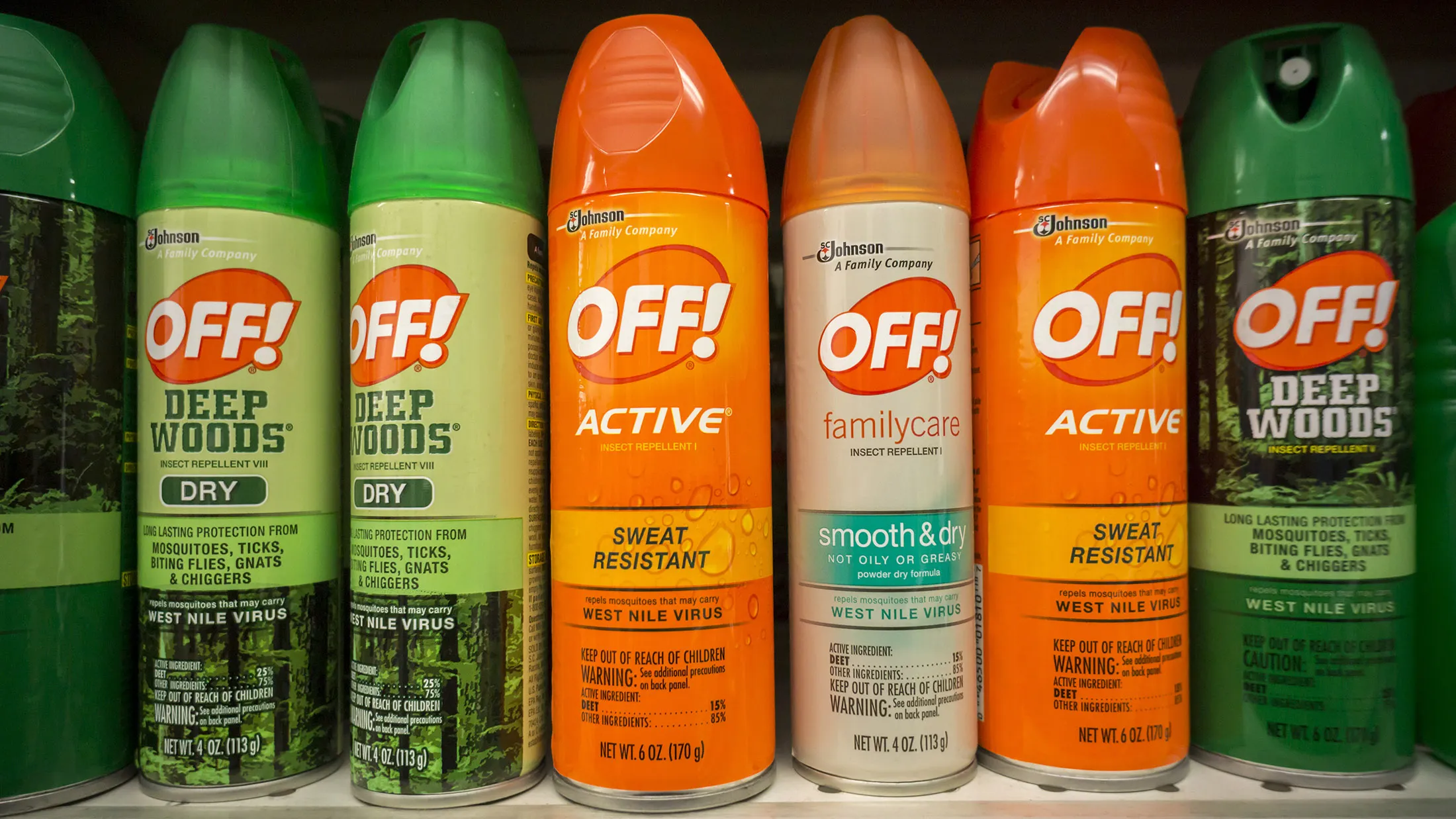 Containers of OFF! brand insect repellent on a store shelf in New York on Thursday, January 28, 2016. The World Health Organization warns that the Aedes aegypti mosquito-borne Zika virus is spreading rapidly and now can be found from Argentina to the Southern United Sates. The virus can cause microcephaly and other problems in fetuses when contracted by pregnant mothers. (�� Richard B. Levine)
