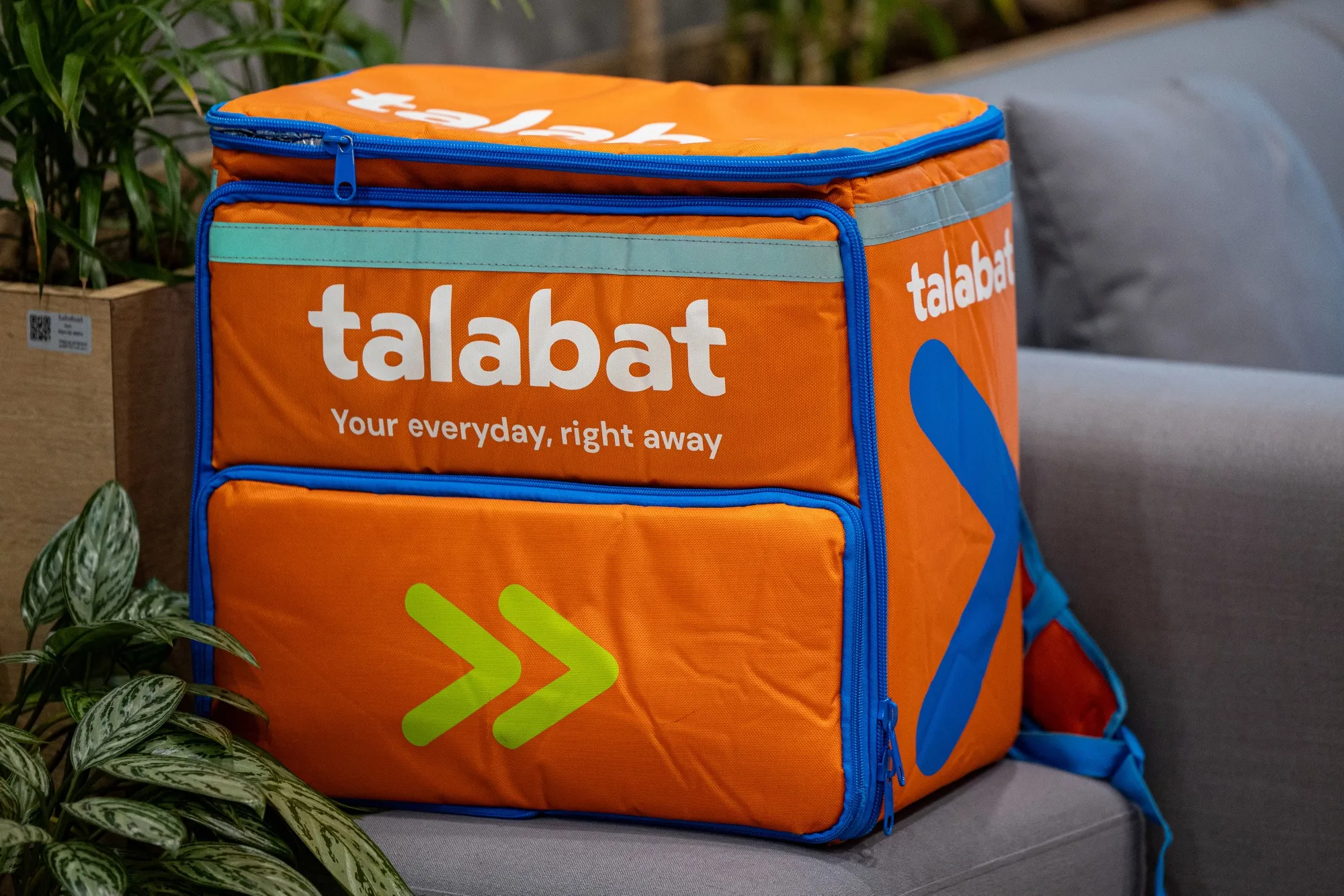 A food delivery bag at the Talabat headquarters in the City Walk district of Dubai.