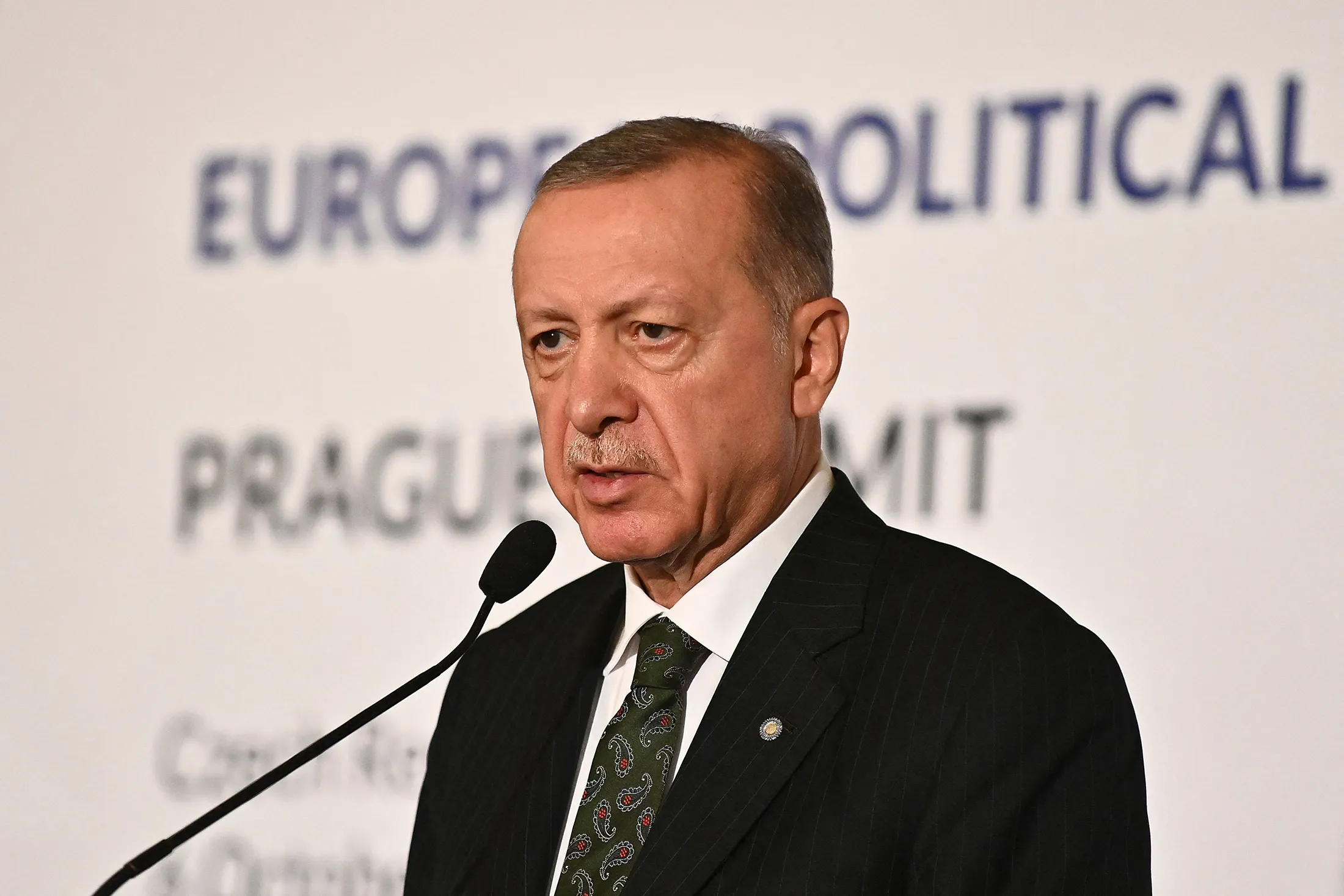 Recep Tayyip Erdogan addresses a press conference during the summit in Prague, Czech Republic, on Oct.&nbsp;6.