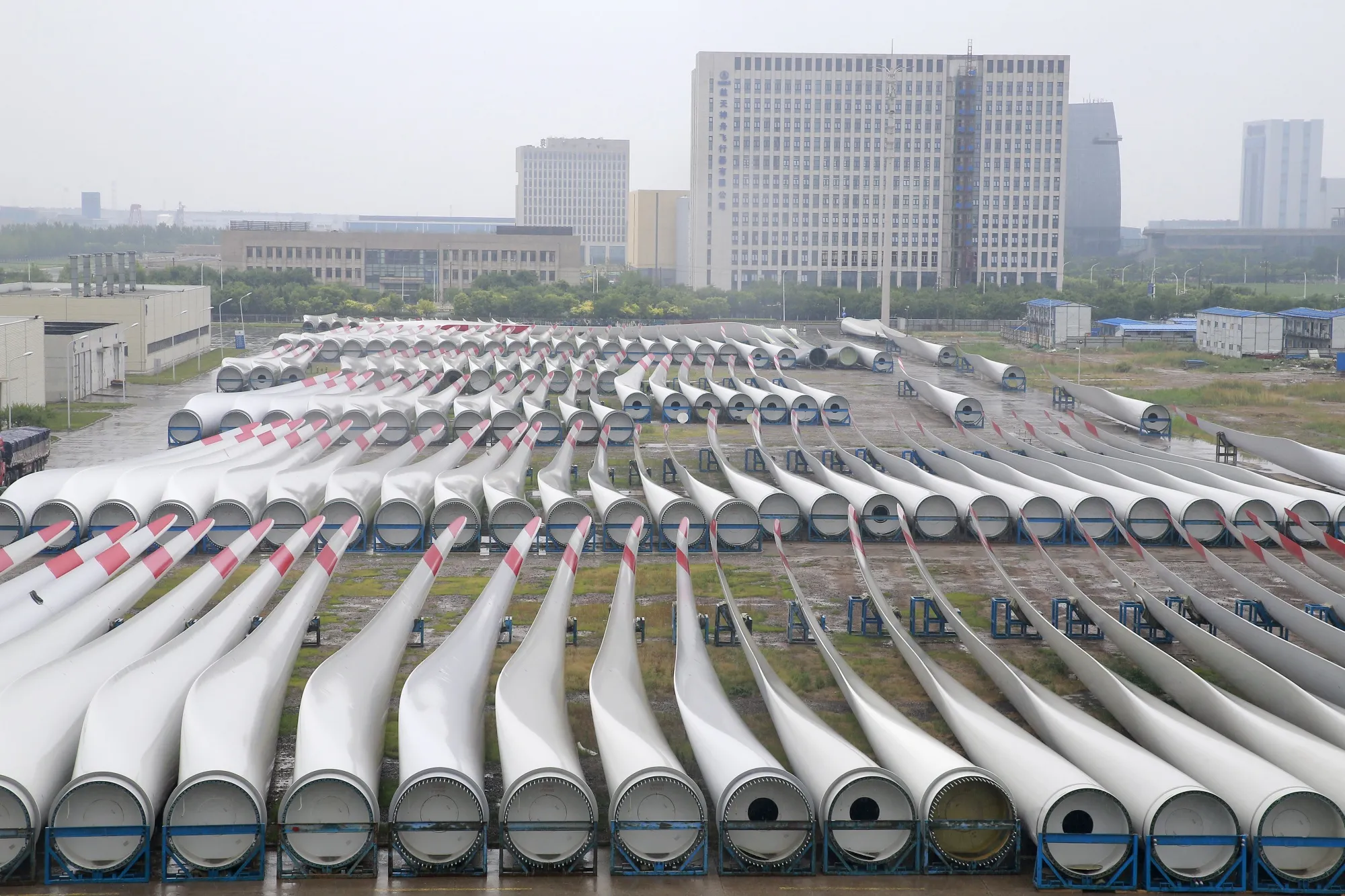 Wind turbine blades at a Ming Yang plant in Tianjin, China, in 2018.