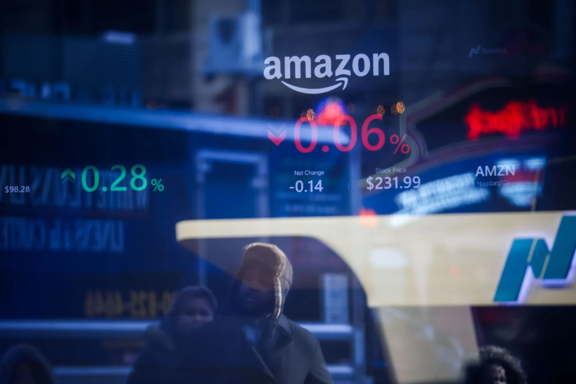 Amazon signage at the Nasdaq MarketSite in New York on Dec. 24, 2025.