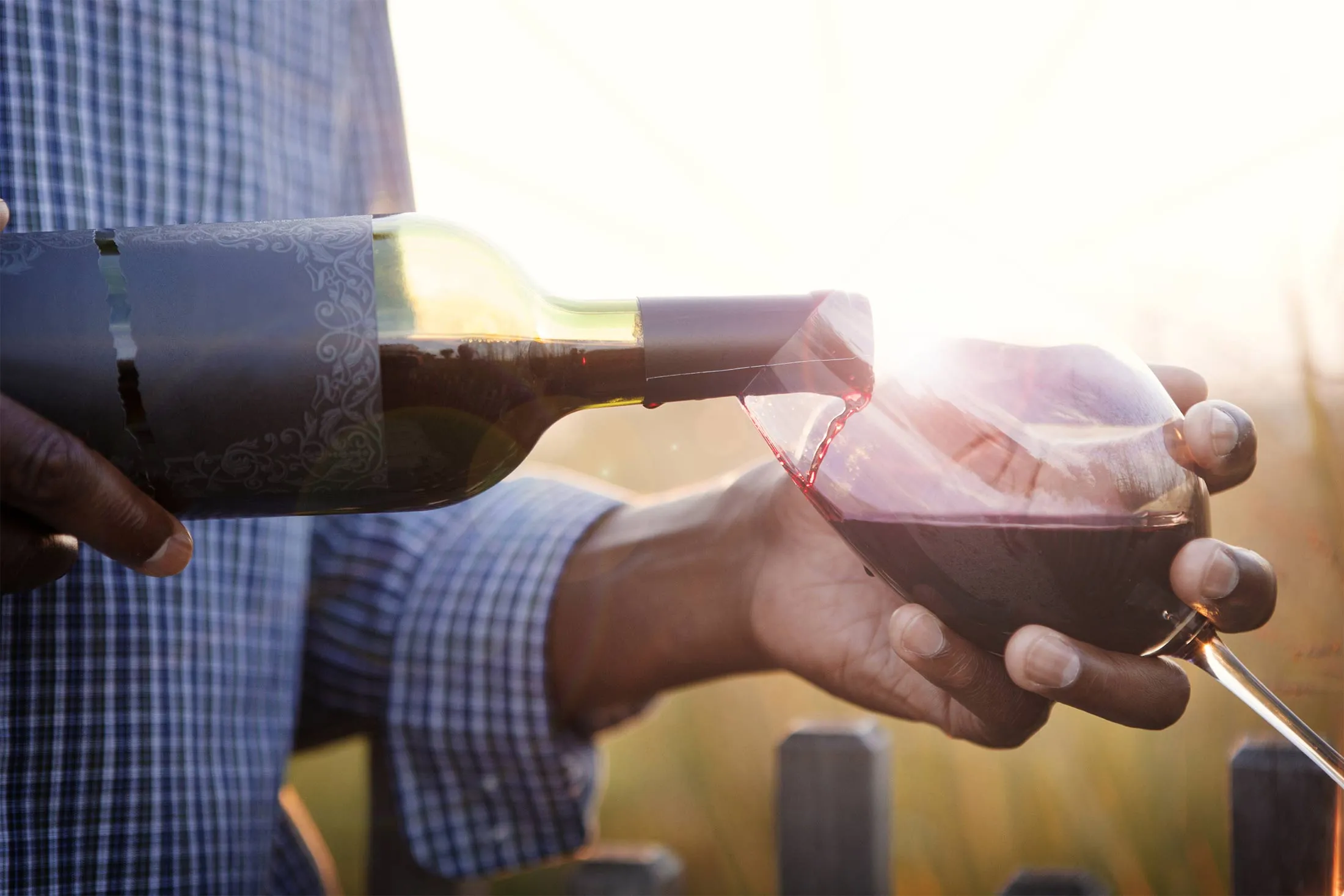 Close-up of man pouring red wine in glass