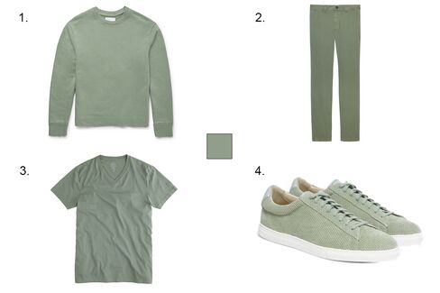 1. Several Beva loopback cotton-jersey sweatshirt, $100, mrporter.com 2. Billy Reid Leonard chino, $145, billyreid.com 3. J.Crew slim broken-in V-neck T-shirt, $24.50, jcrew.com 4. Vespa suede low top sneaker, $320, clubmonaco.com.