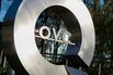 A logo sign outside of the headquarters of the television shopping channel, QVC, in West Chester, Pennsylvania on November 8, 20