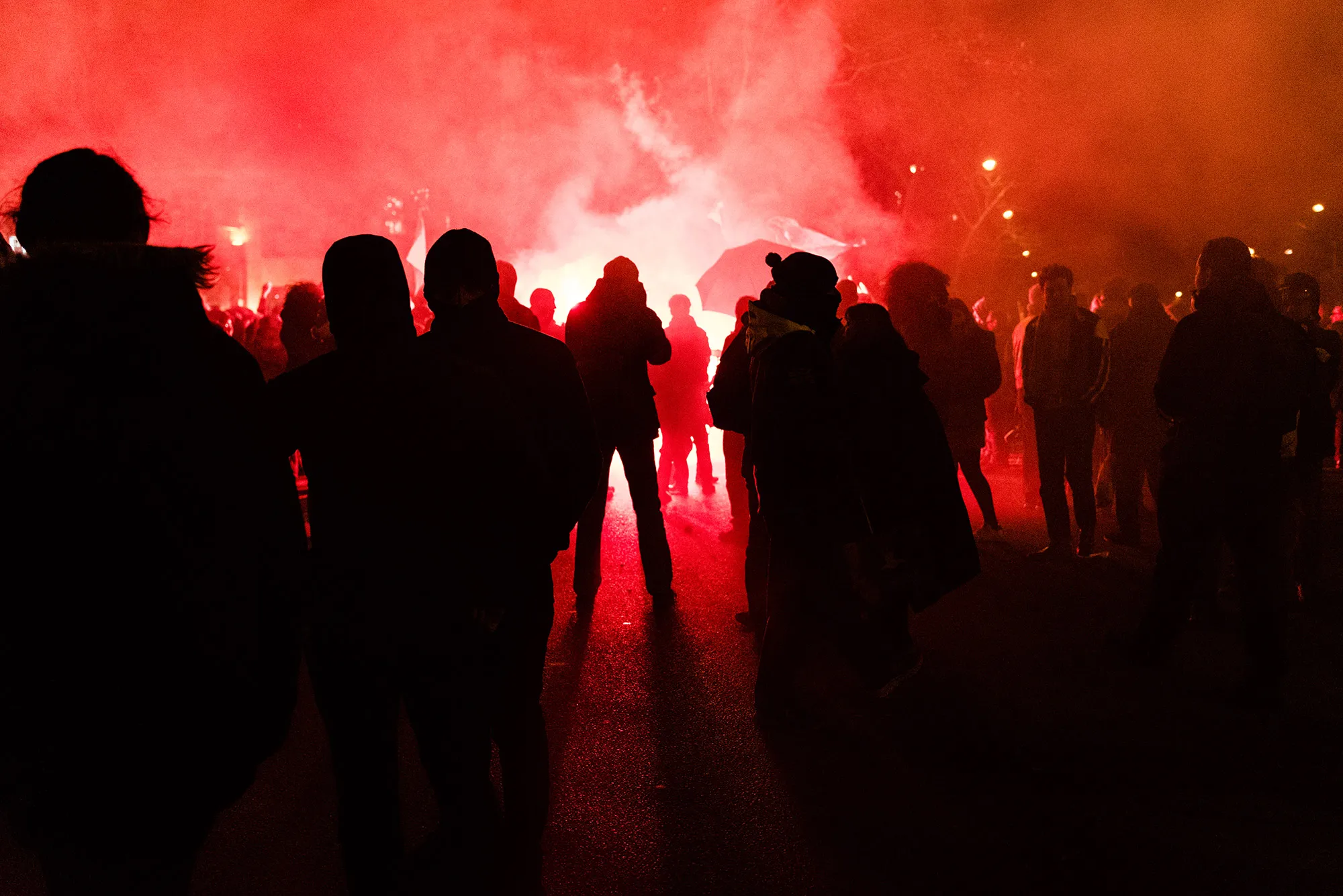 A crowd of hooded demonstrators during a demonstration against pension reform in Paris., Jan.&nbsp;11.
