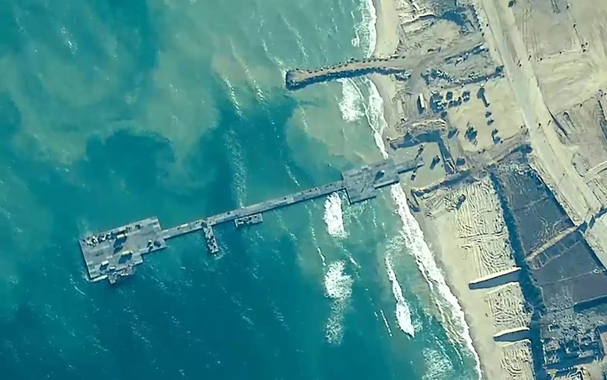 In a photo released by the US Central Command, the temporary pier the US military built&nbsp;off the coast of Gaza is seen on May 16.