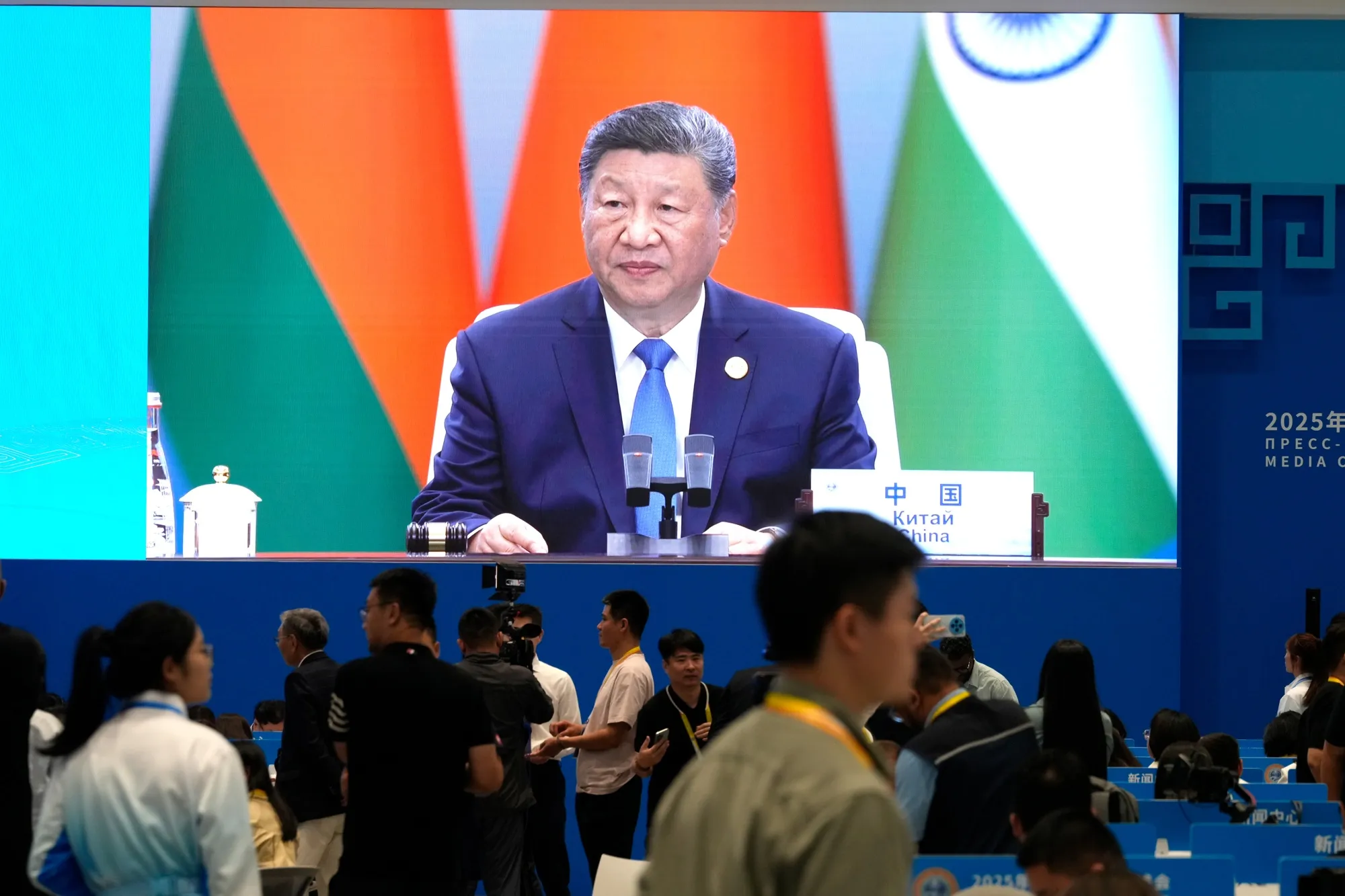 Xi Jinping on a screen at the Shanghai Cooperation Organization summit in Tianjin, on Sept. 1.