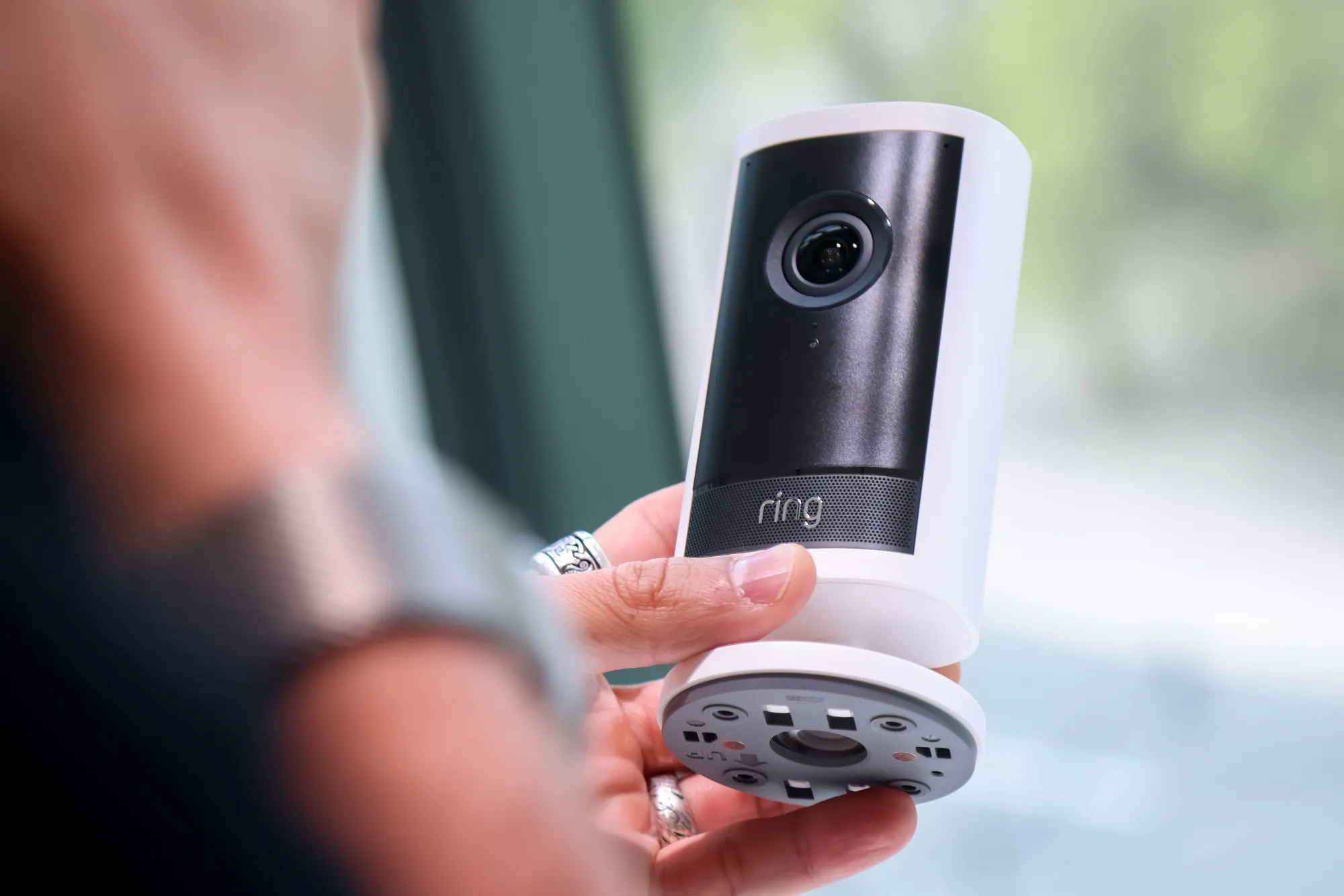 The Ring Outdoor Cam Pro camera during an Amazon&nbsp;product event in New York on Tuesday, Sept. 30, 2025.