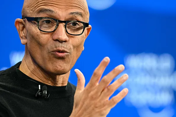 Microsoft Chief Executive Satya Nadella at Davos on Jan. 20. Accompanying the rise of the artificial intelligence tech giants has been a&nbsp;growing fear of a giant bubble.&nbsp;