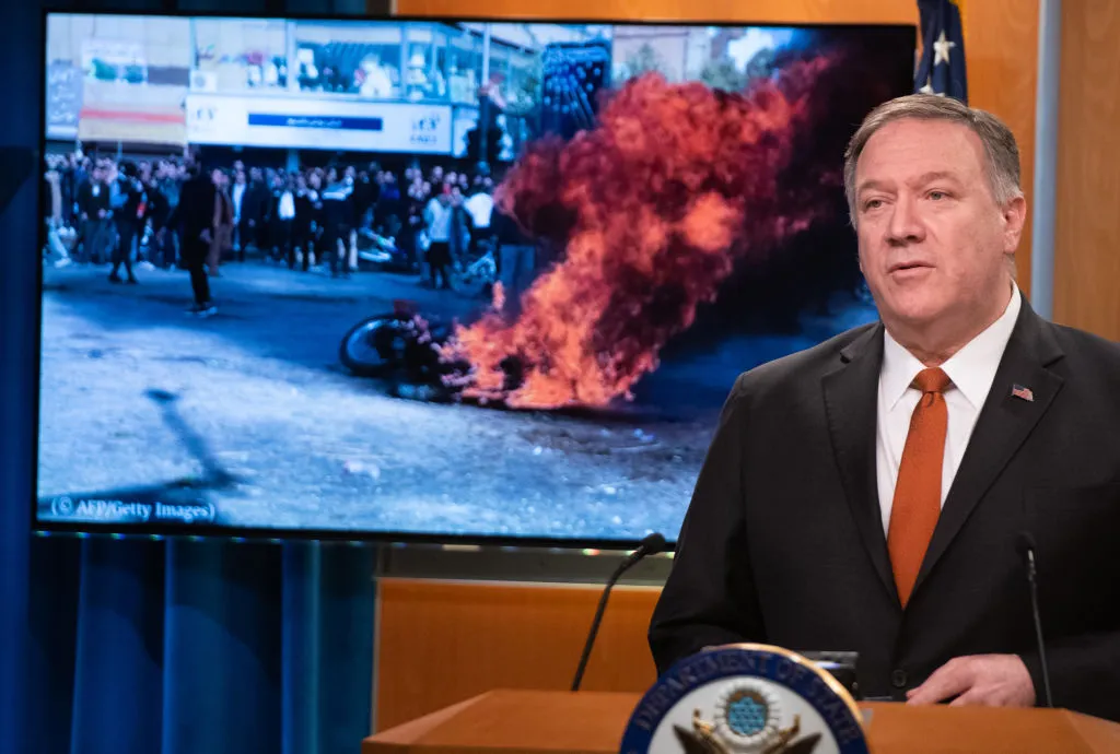 Secretary of State Mike Pompeo speaking about&nbsp;demonstrations in Iran, November 2019.