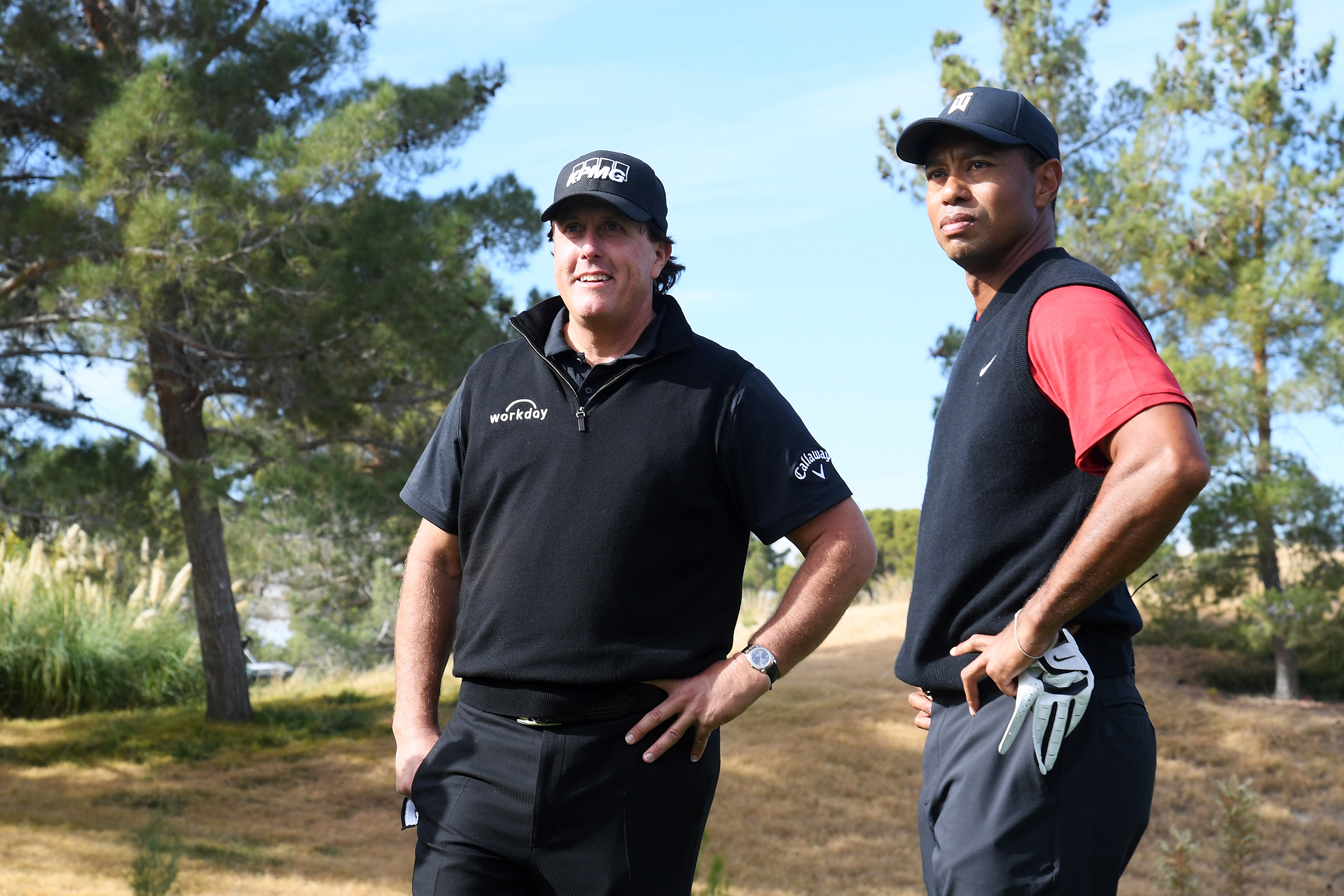 Tiger Woods and Phil Mickelson before the match on Nov. 23, 2018.