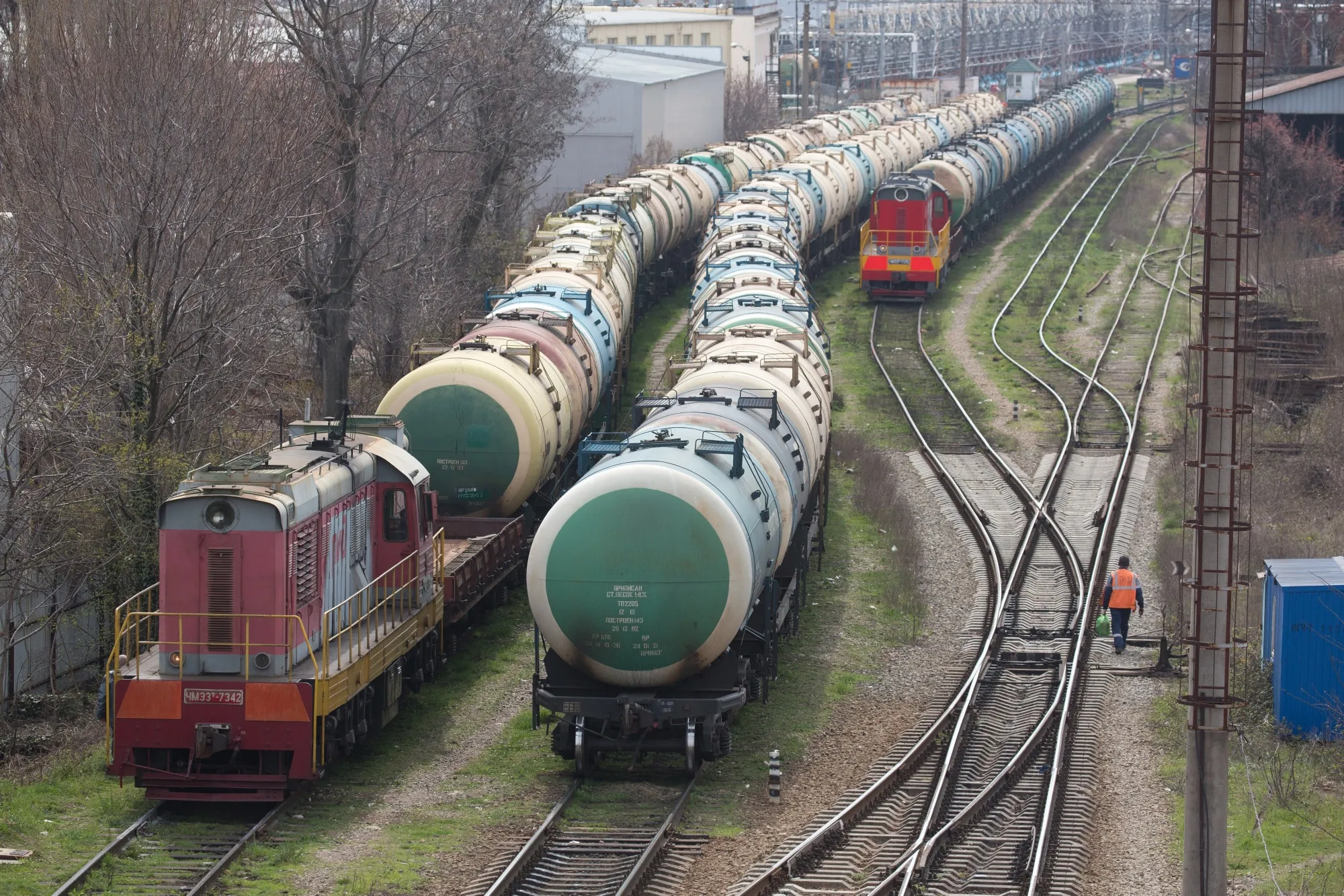 Rail wagons for oil cargo stand in sidings at the RN-Tuapsinsky refinery in Tuapse, Russia.&nbsp;