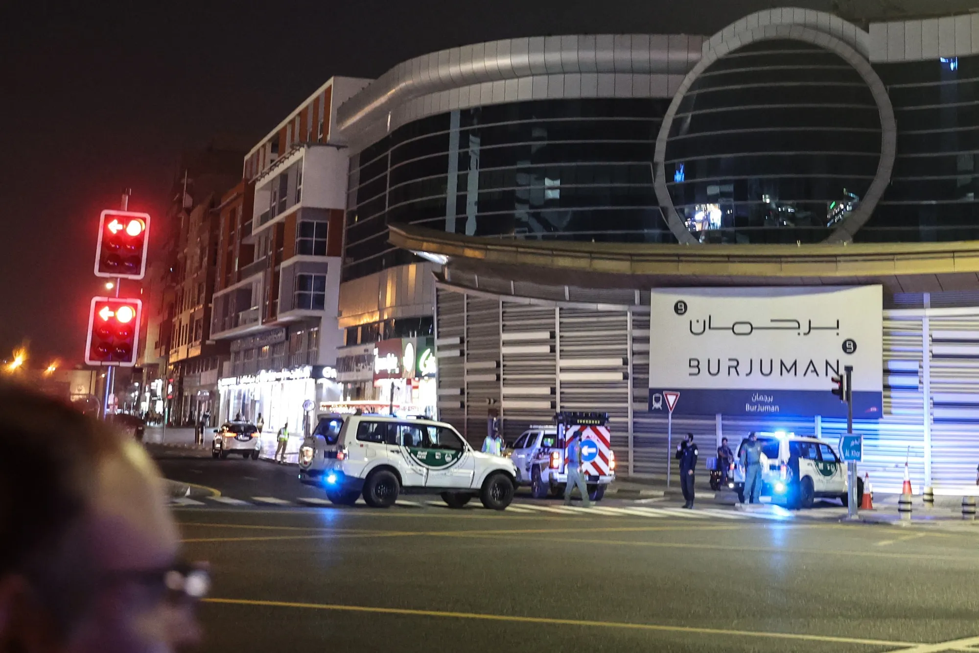 Emirati police vehicles deploy near the US Consulate&nbsp;in Dubai on March 3.