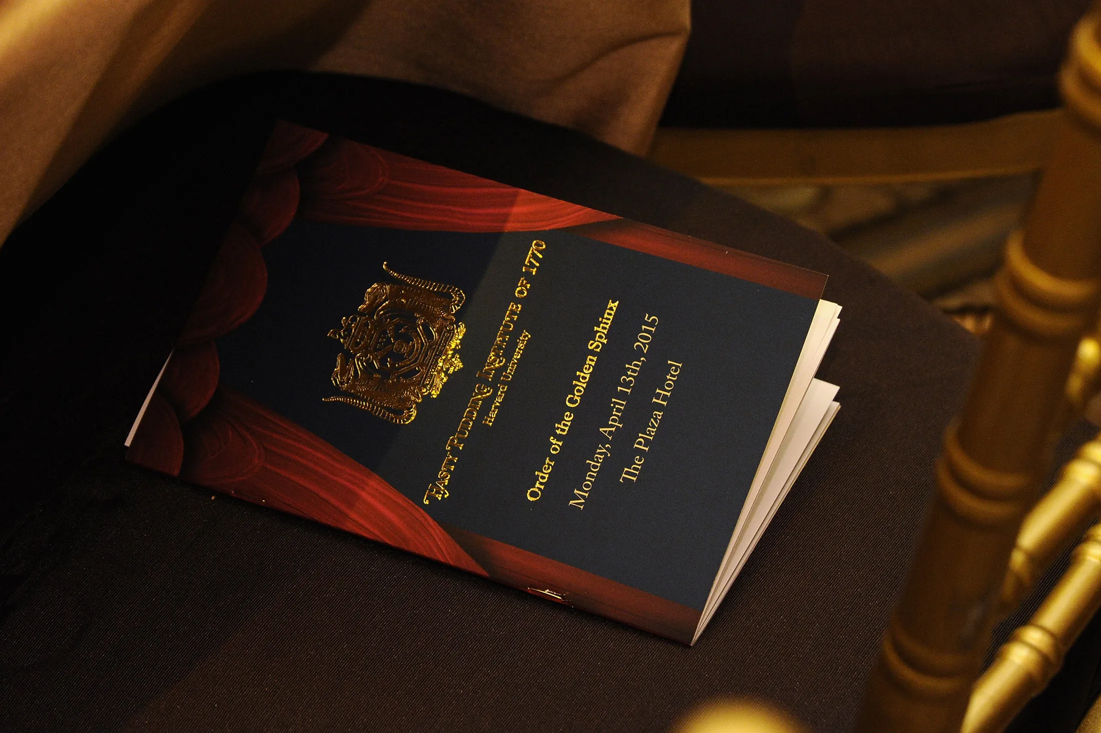 A program for the Hasty Pudding Institute of 1770 Order of the Golden Sphinx Gala at The Plaza Hotel in New York on April 13, 2015.