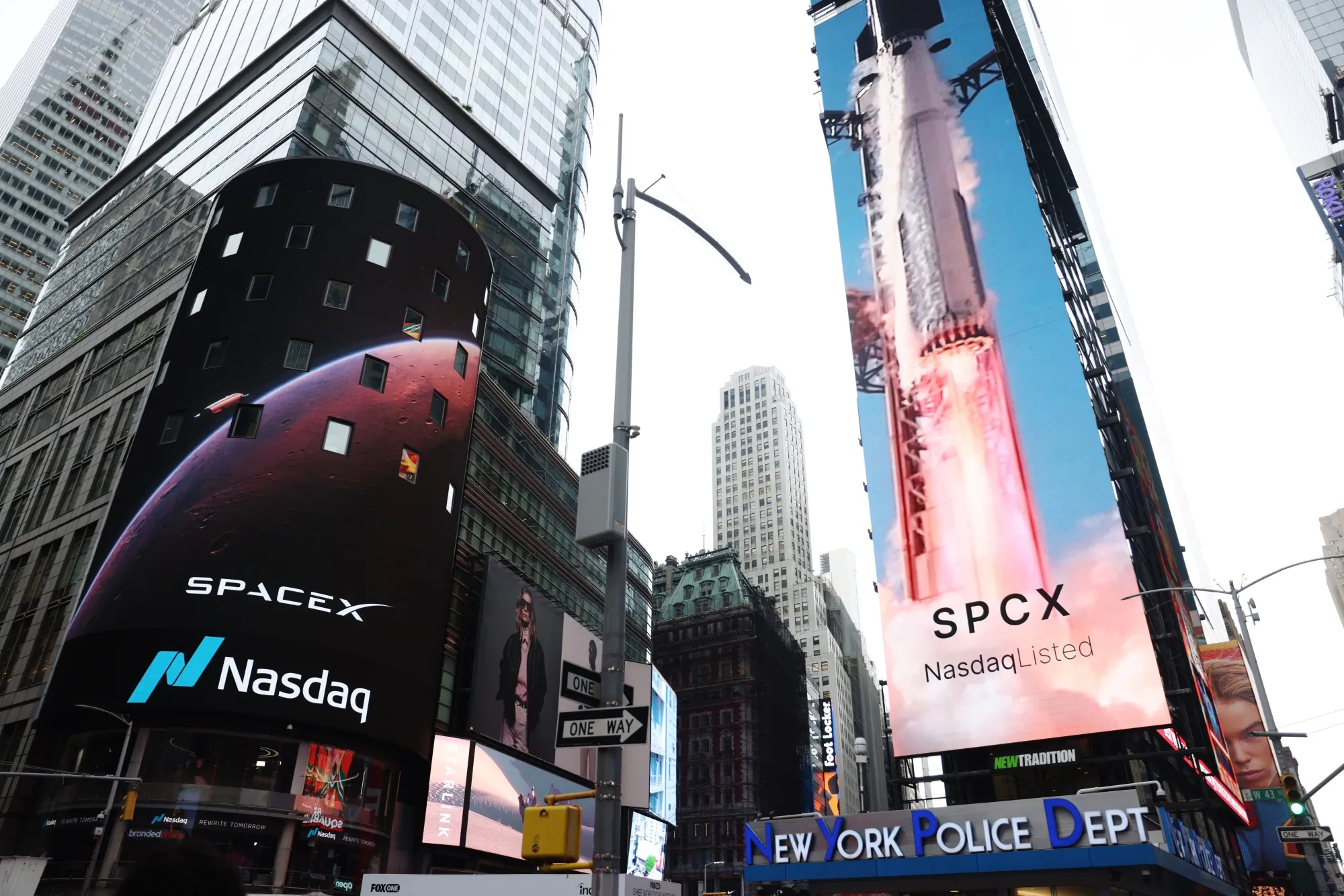 SpaceX signage during the company's IPO at the Nasdaq MarketSite in New York on June 12.