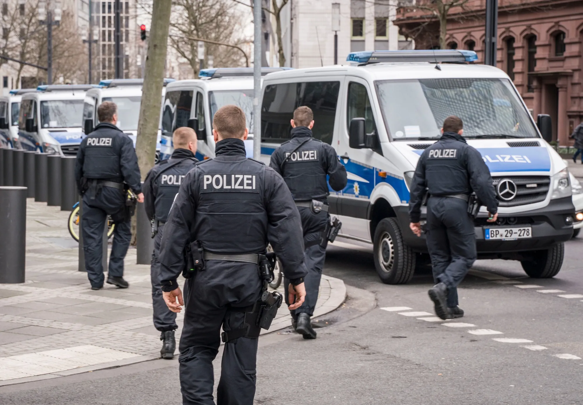 Police officers carry out a raid in connection with the Cum-Ex investigation, in Frankfurt’s banking district in Germany, in 2020.