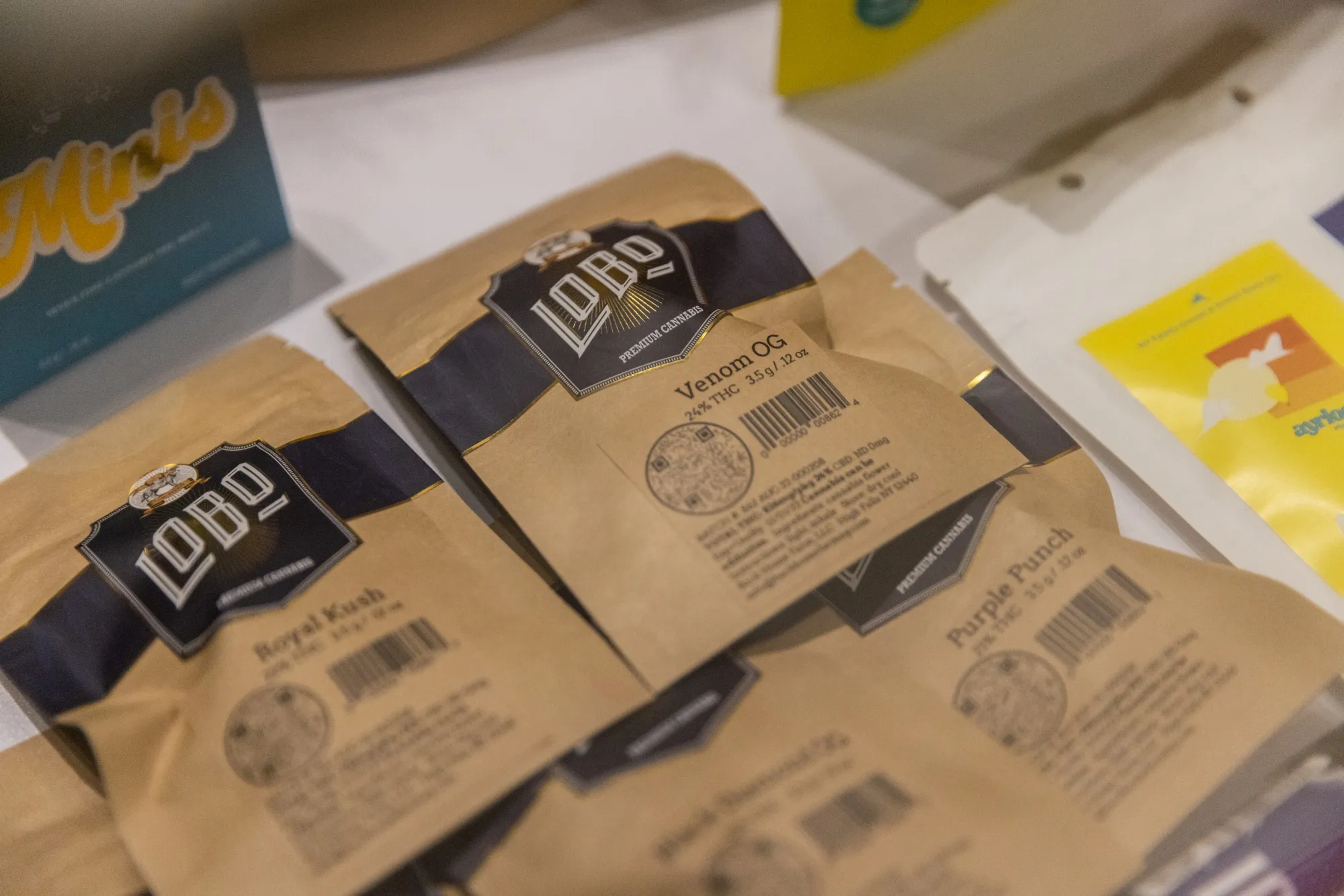 Lobo cannabis products on display on the first day of legal recreational marijuana sales at the Housing Works Cannabis Co. in New York, US.