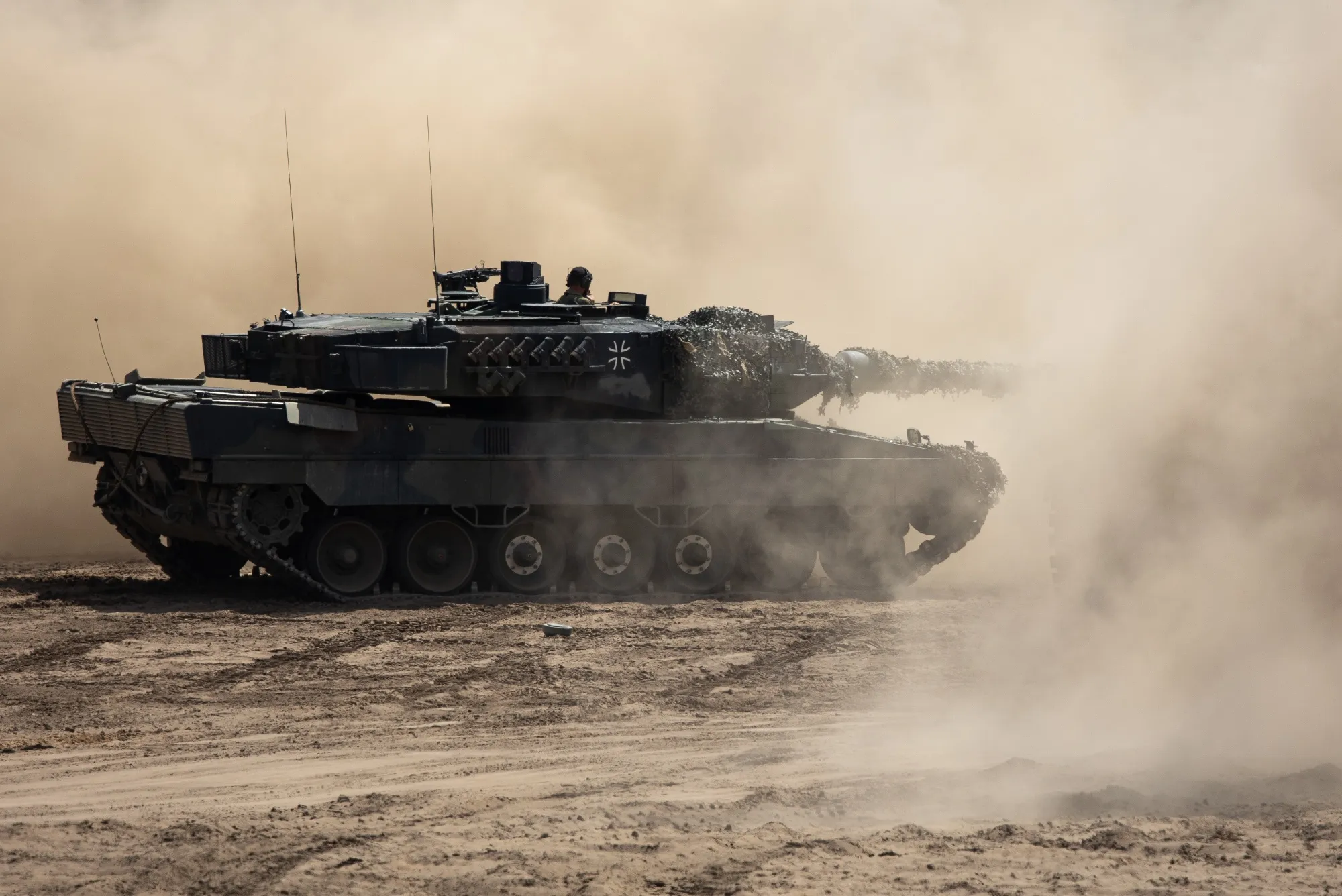 A German army Leopard 2 tank during a NATO exercise in Lithuania.