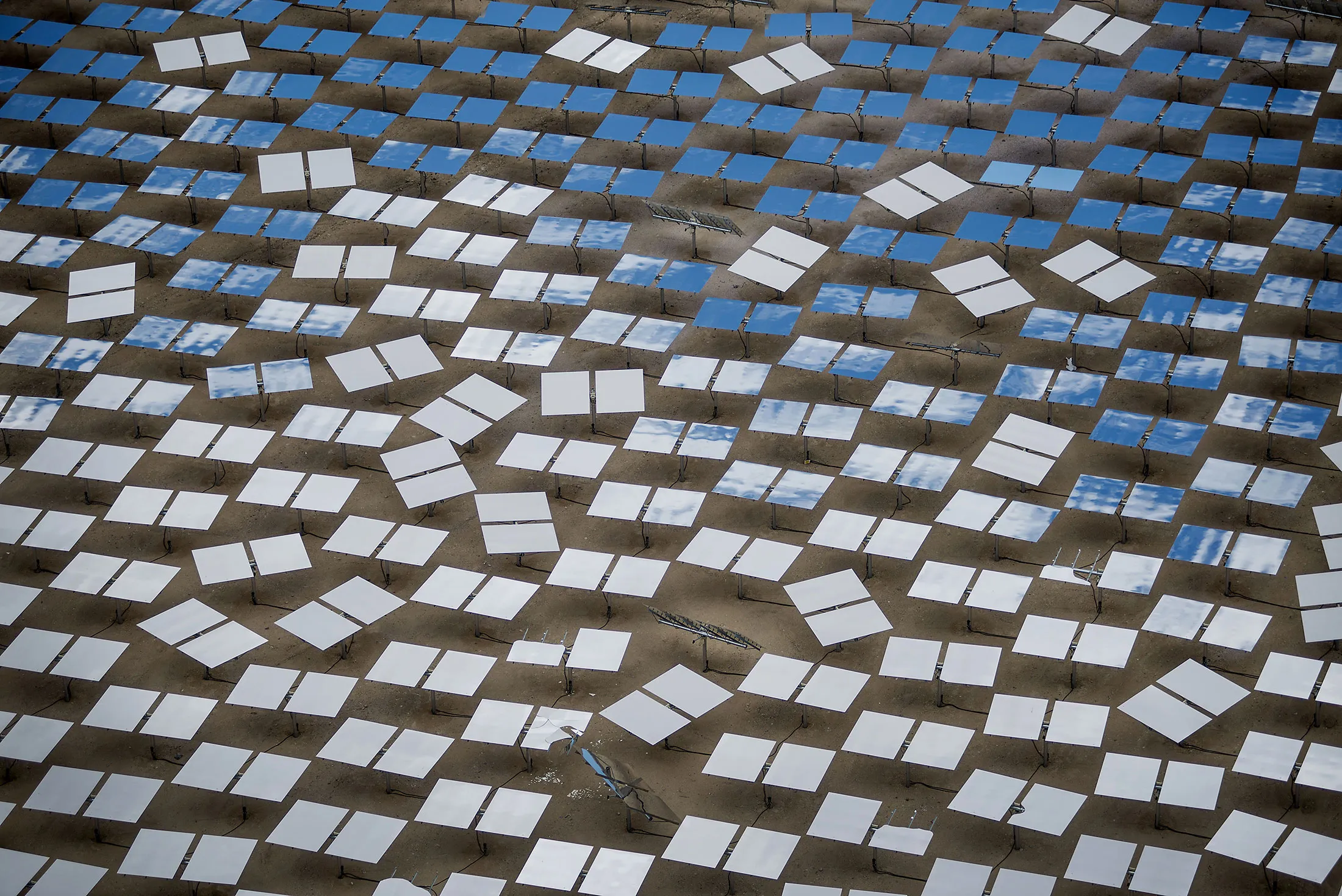 Mirrors stand at the Ivanpah Solar Electric Generating System in the Mojave Desert near Primm, Nevada.