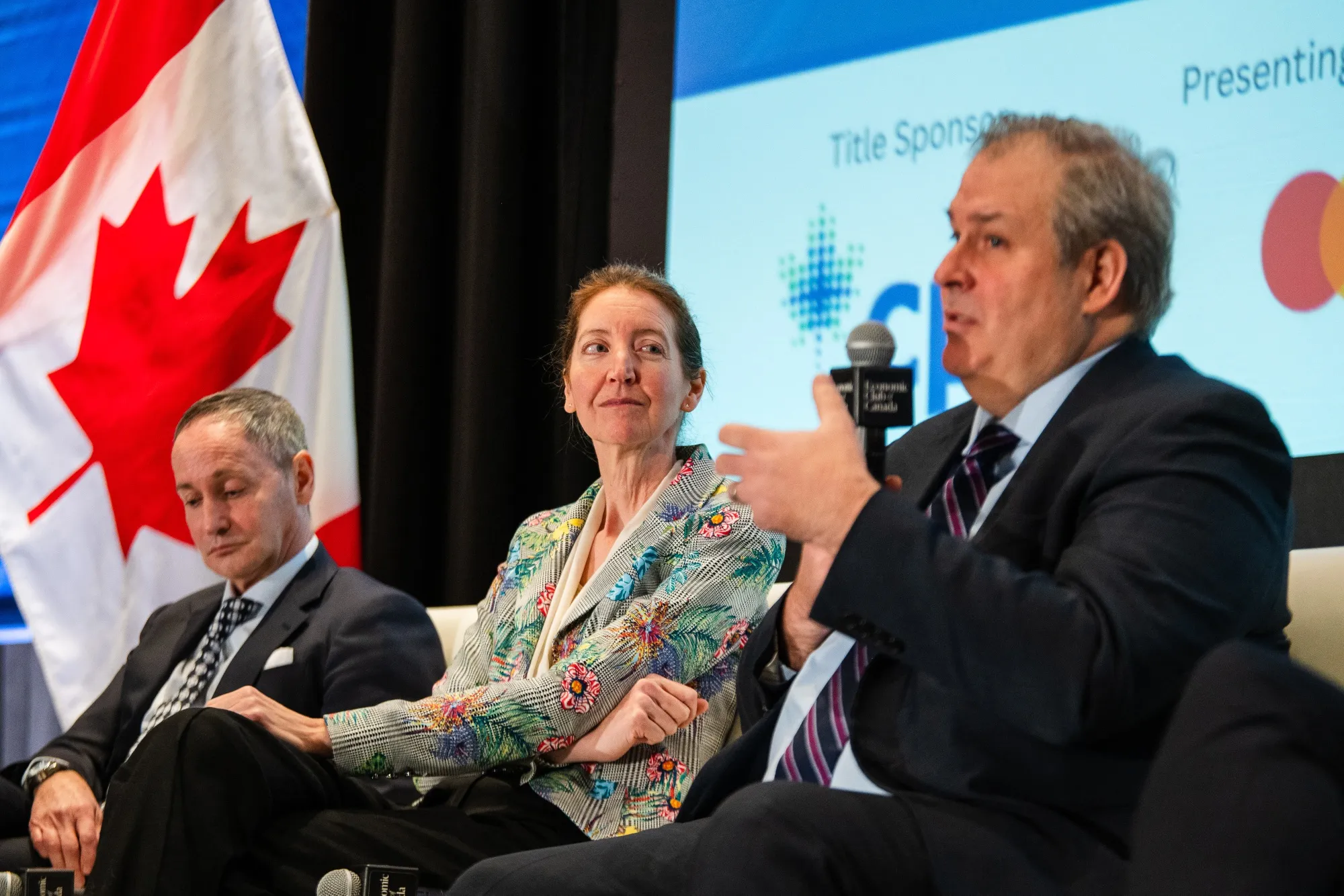 Stefane Marion, left, Beata Caranci and Jean-Francois Perrault during an Economic Club of Canada event in Toronto on Jan. 7.&nbsp;