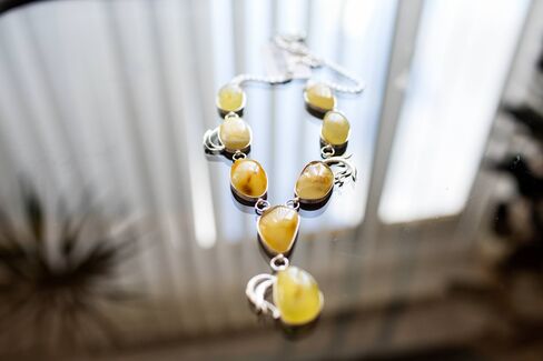 An amber necklace made by craftspeople at Burshtyn Ukrainy.