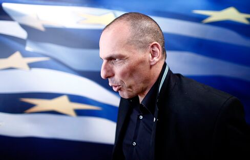 Yanis Varoufakis, Greece's finance minister, speaks to the media following a meeting with Swiss tax officials in Athens, Greece, on Tuesday, April 28, 2015.