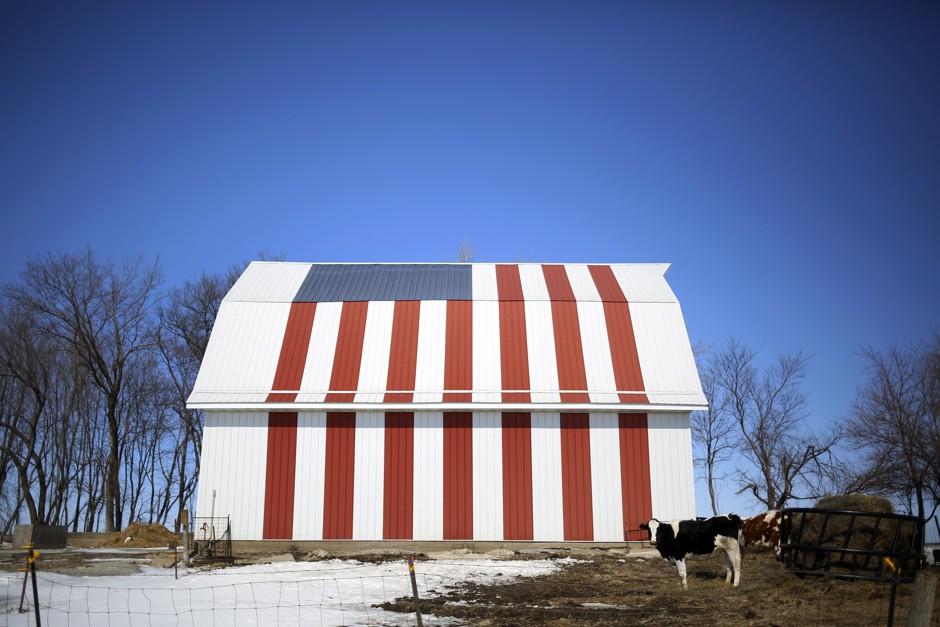 A barn painted with a U.S. flag in Homestead, Iowa