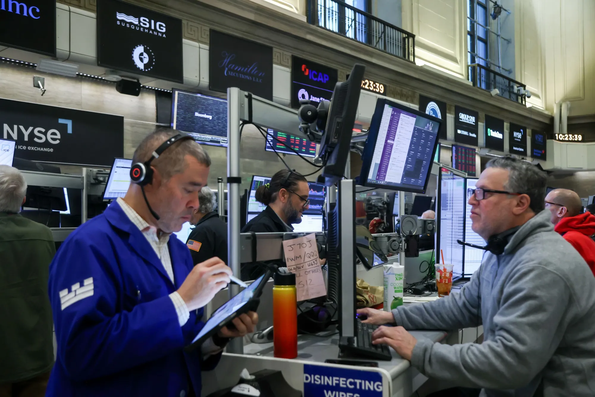 Traders work on the floor of the New York Stock Exchange.