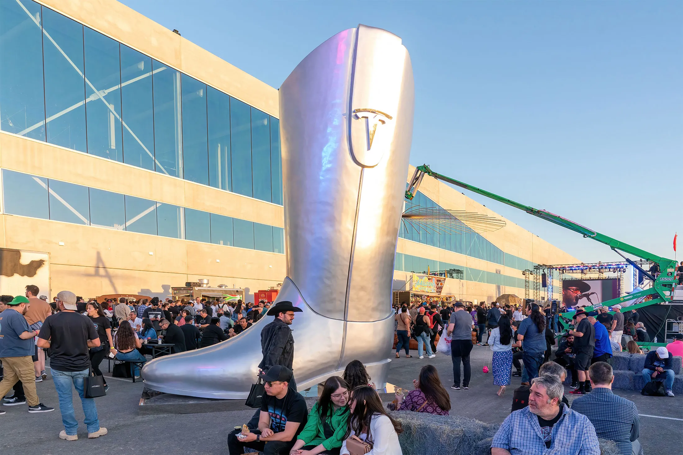 A giant cowboy boot outside the Tesla Giga Texas manufacturing facility during the Cyber Rodeo.