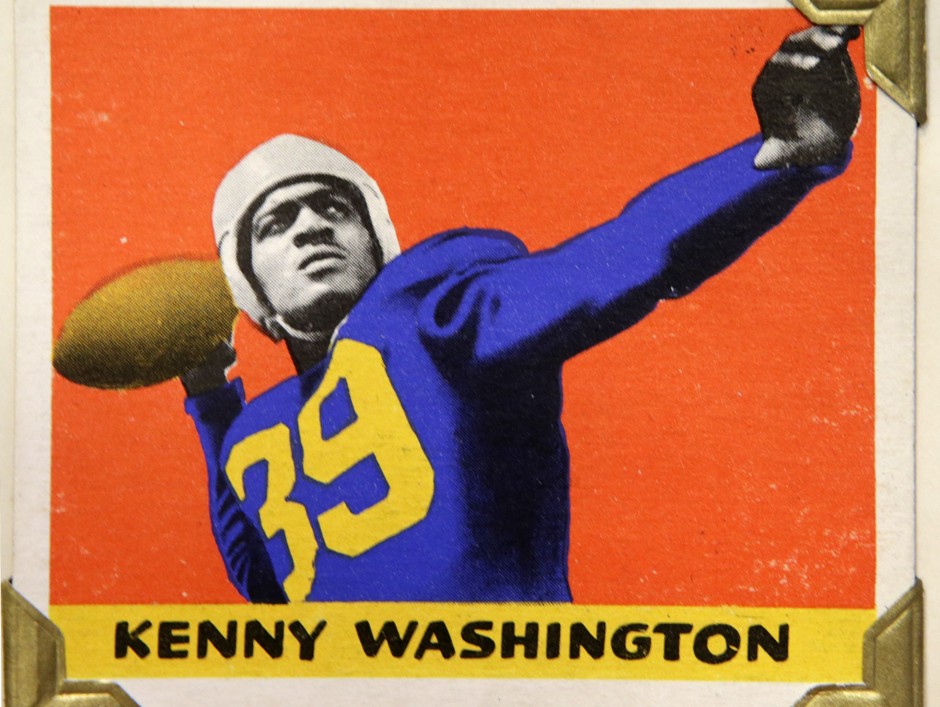 Los Angeles Rams running back Kenny Washington, depicted on a 1948 Leaf Gum Company football trading card. It was part of an exhibition of trading cards at the Metropolitan Museum of Art in early 2014.