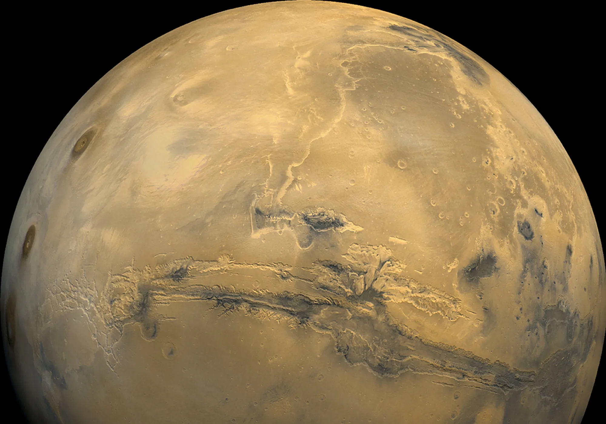 Global mosaic of 102 Viking 1 Orbiter images of Mars taken on orbit 1,334, on Feb. 22, 1980.

