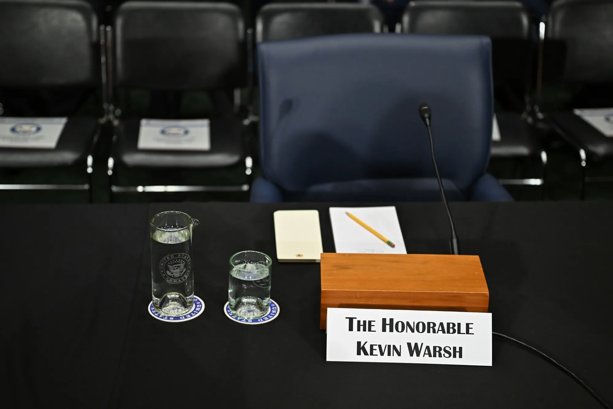 A name plate for Kevin Warsh prior to a Senate confirmation hearing in Washington on April 21.