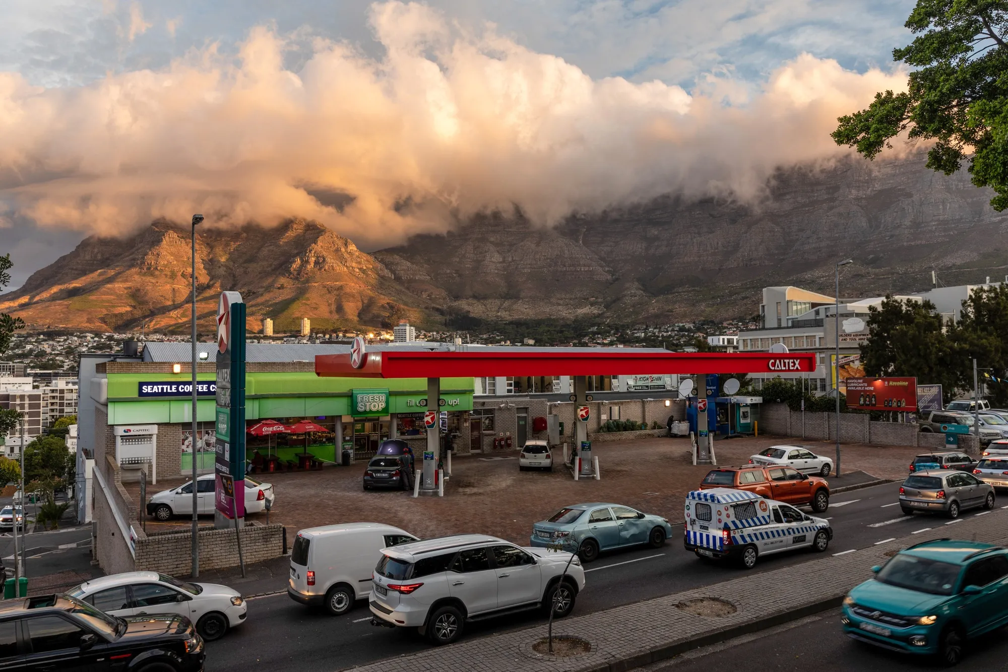 A gas station, beneath Table Mountain in Cape Town, South Africa.