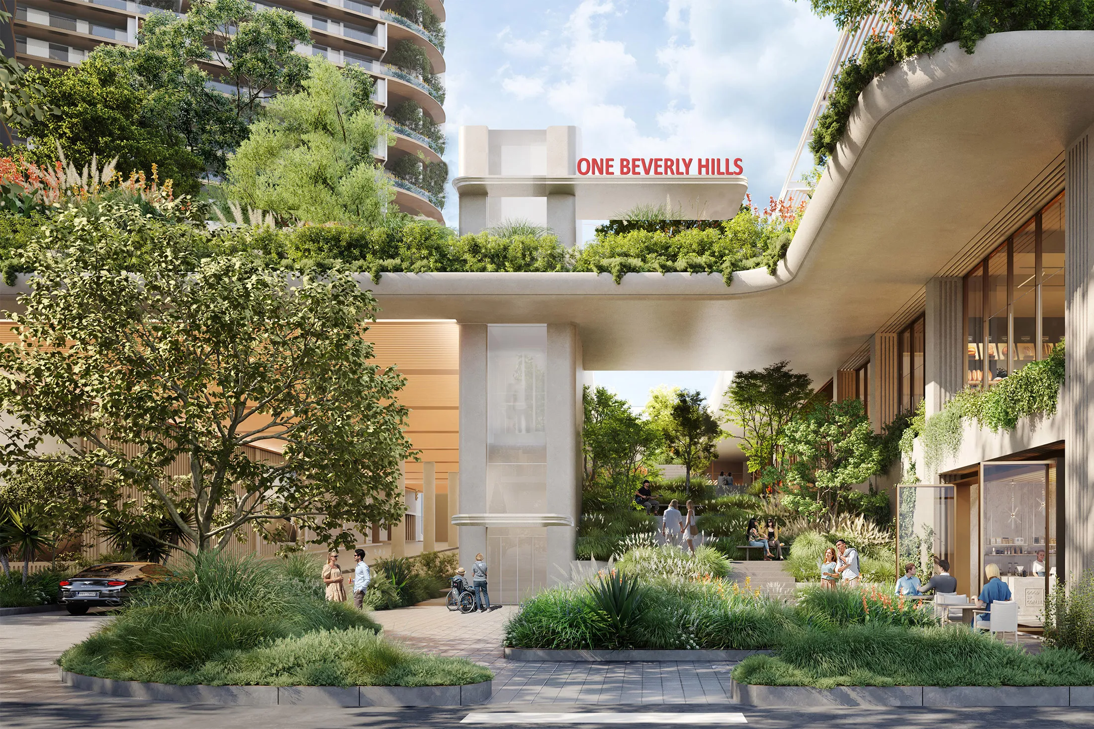 A rendering of plans for One Beverly Hills, viewed from Santa Monica Boulevard.