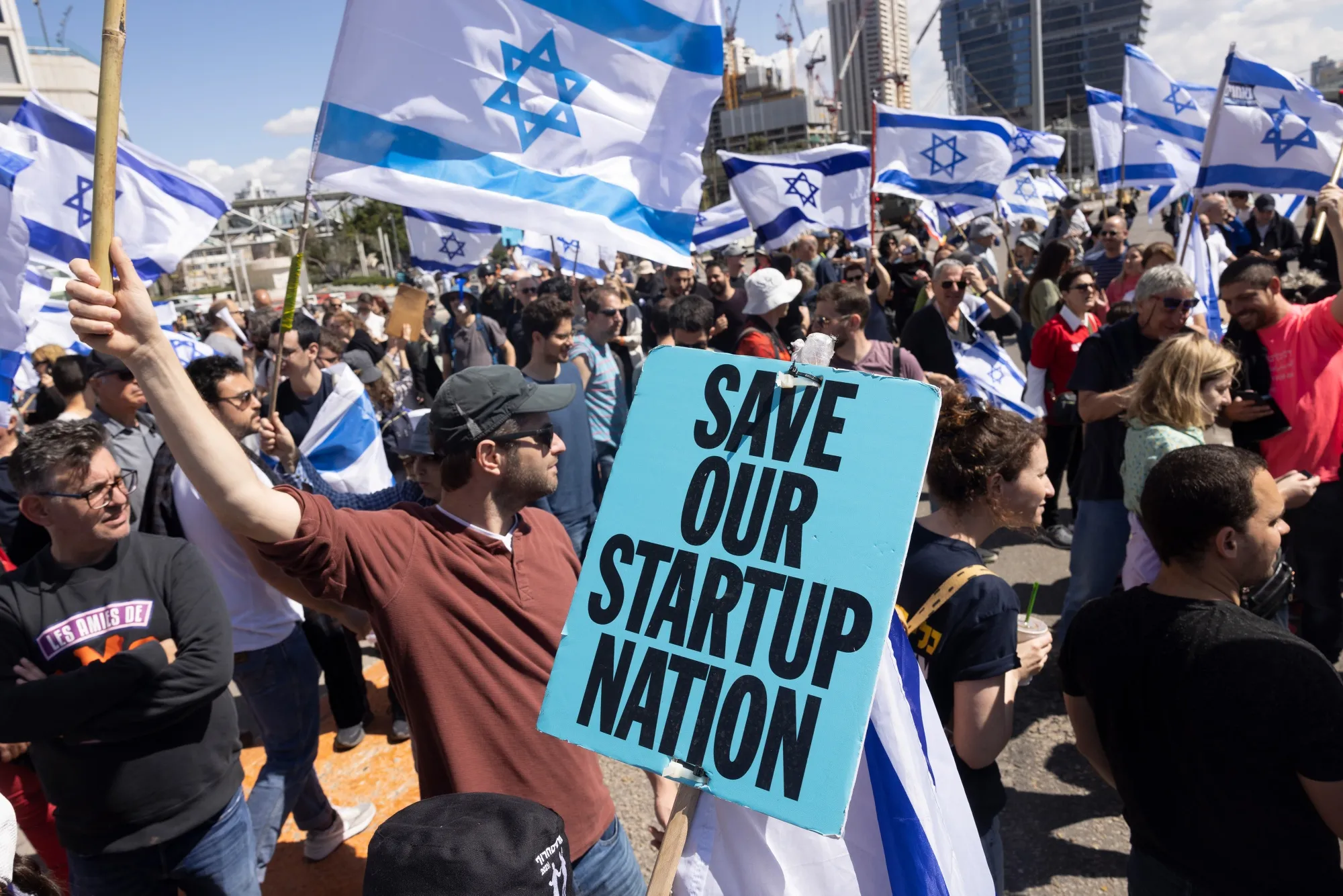A&nbsp;protest, by tech workers against proposed judicial reforms, in Tel Aviv, Israel, on March 9. Funding for Israeli startups dropped considerably in 2023, amid global economic uncertainty and&nbsp;months of protests&nbsp;against the government’s plans to weaken the judiciary.