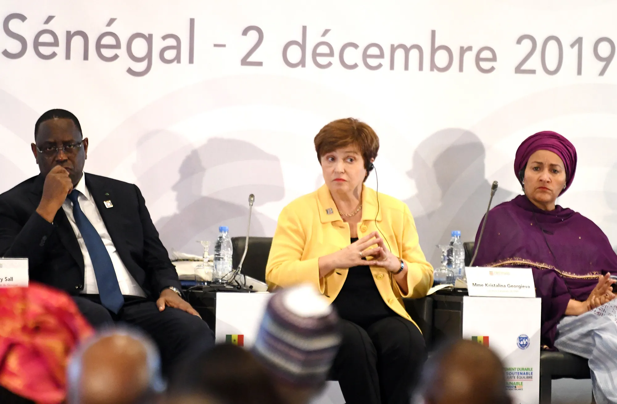 From left, Macky Sall, Kristalina Georgieva and Amina J. Mohammed attend an IMF conference on Africa’s indebtedness in Dec. 2019.