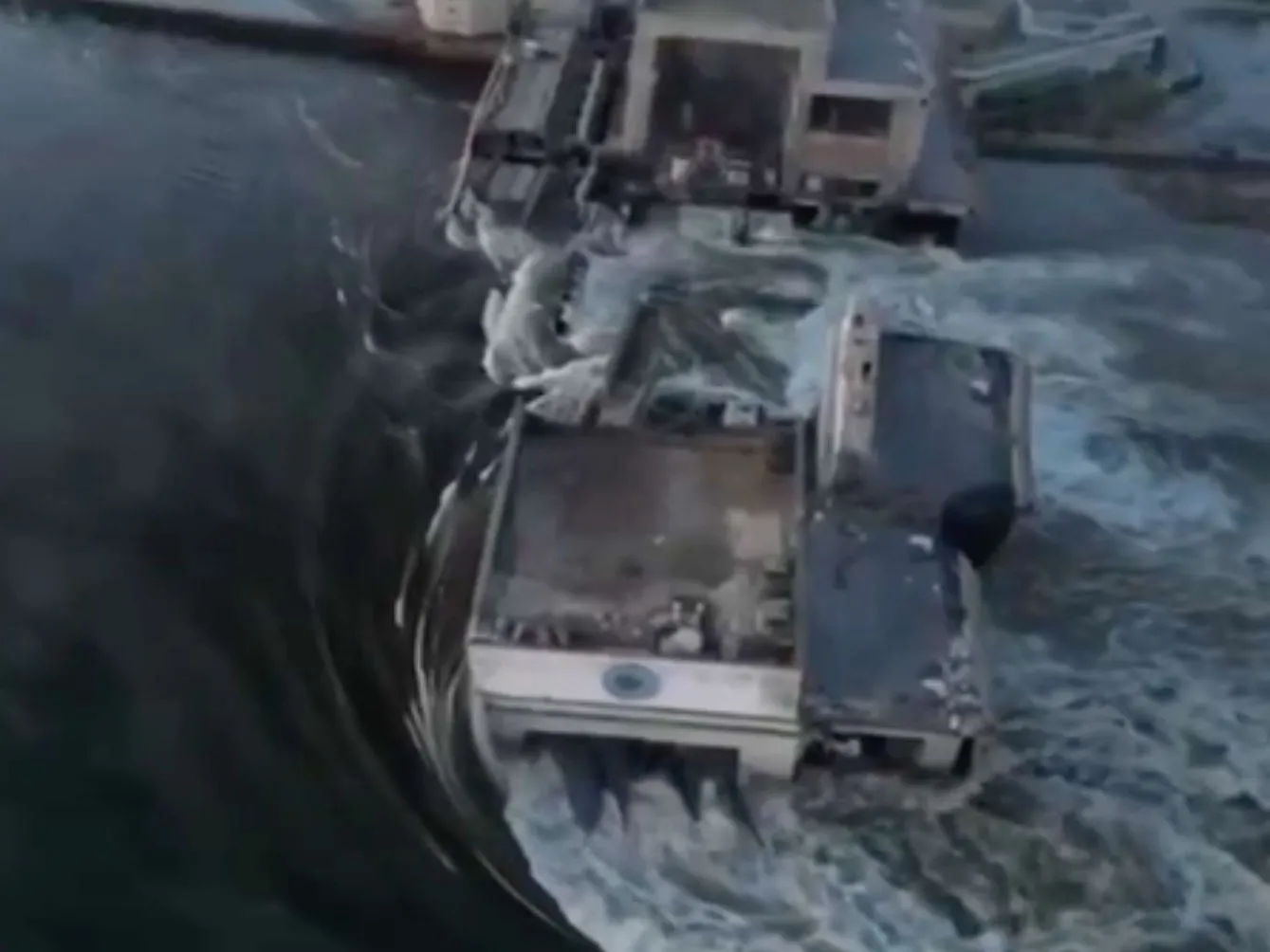 The destroyed dam at the Kakhovska hydro-power plant in Ukraine&nbsp;on June 6.