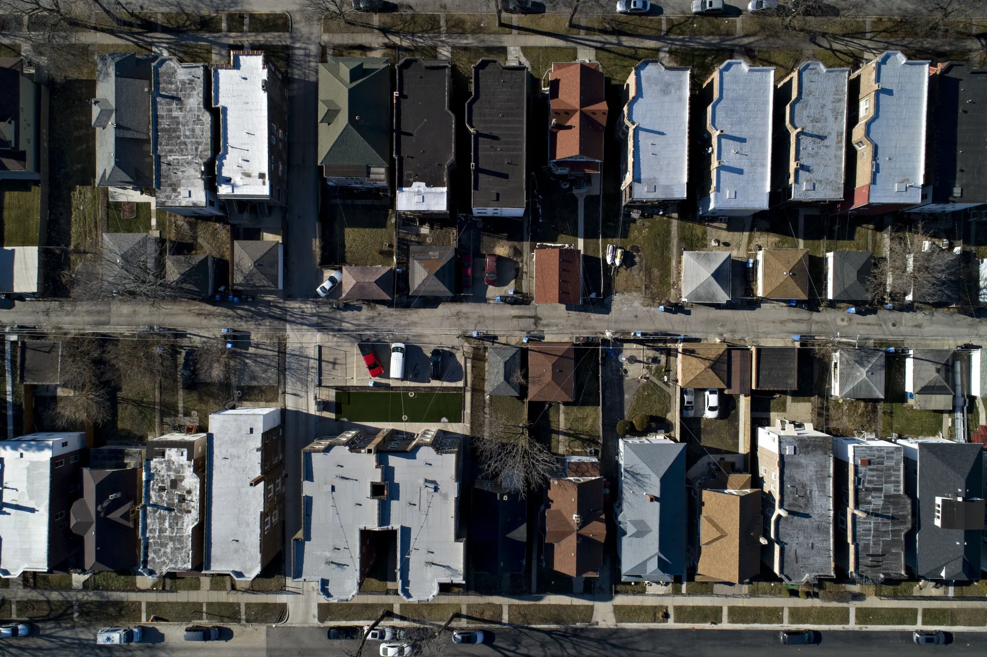Homes stand in a neighborhood in this aerial photograph taken over Chicago.