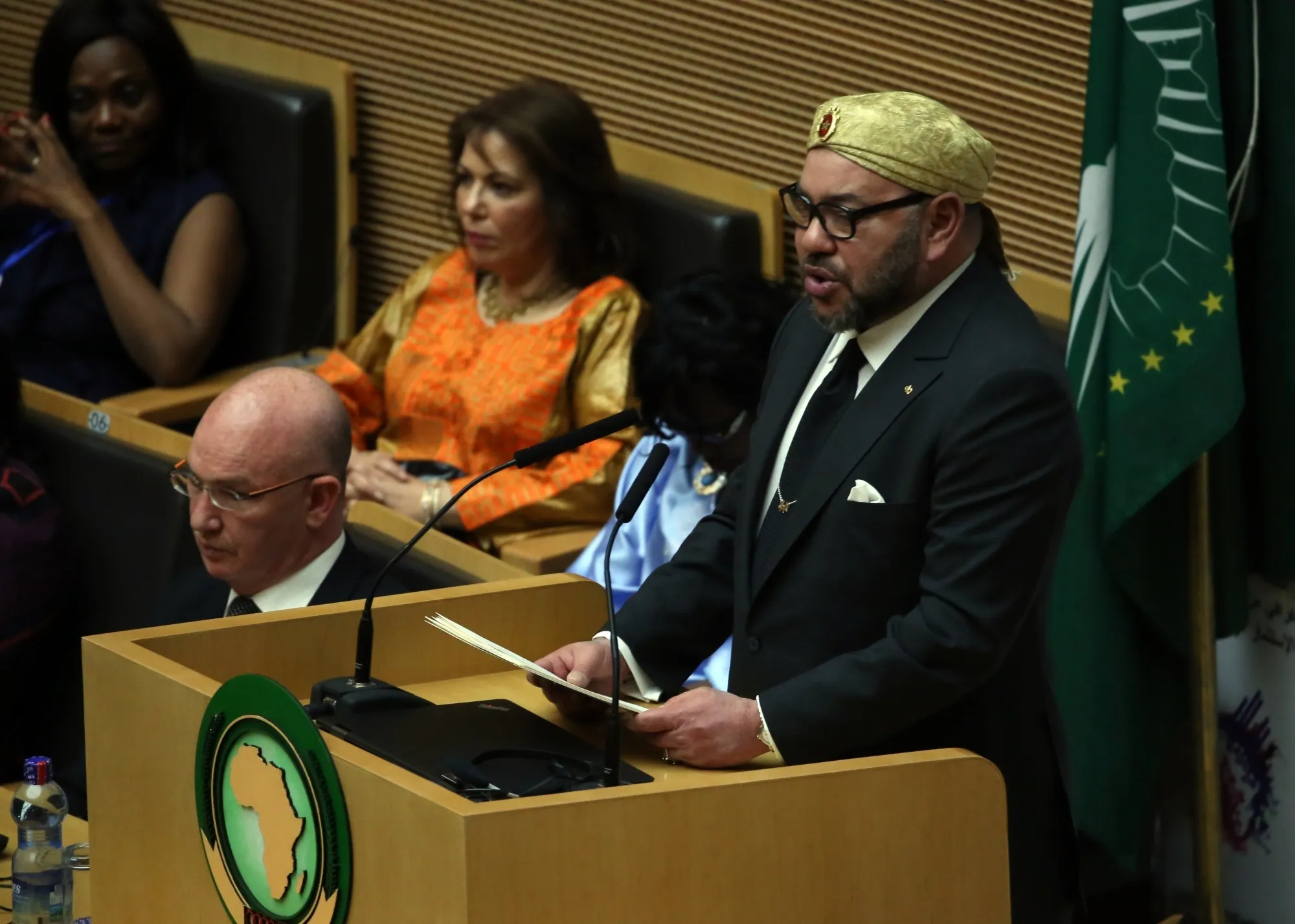 King Mohammed VI speaks at an African Union assembly on Jan. 31.
