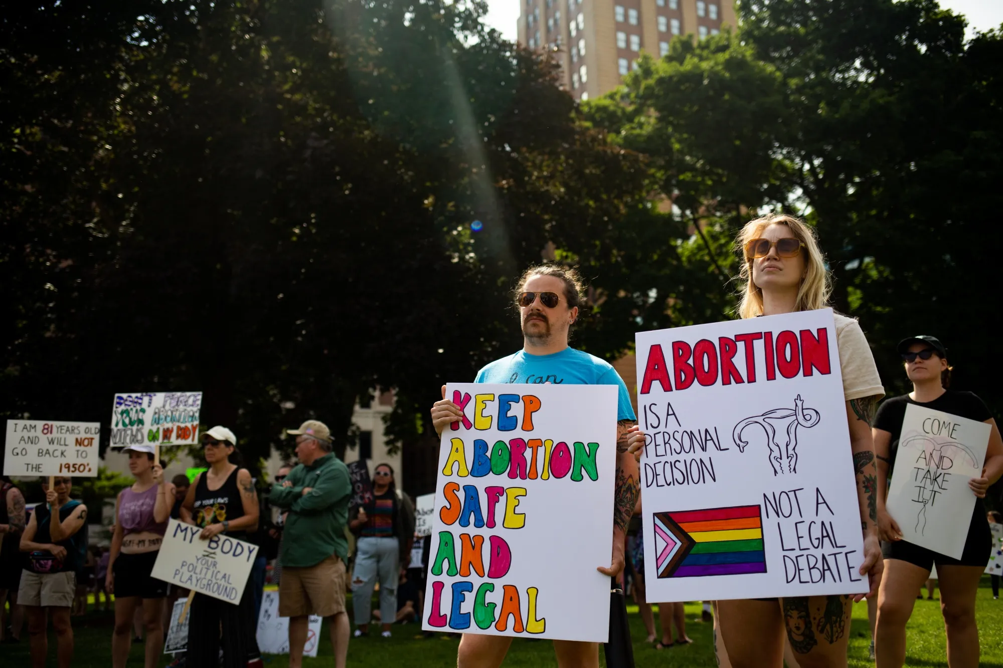 Abortion rights demonstrators during a national day of protest in Lansing, Michigan, US, on Monday, July 4, 2022.&nbsp;